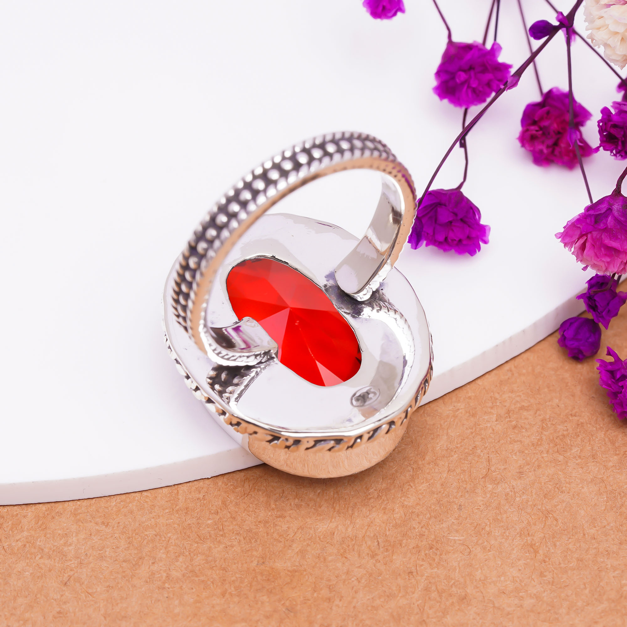 Red Garnet - Simulated Gemstone 925 Sterling Silver Ring