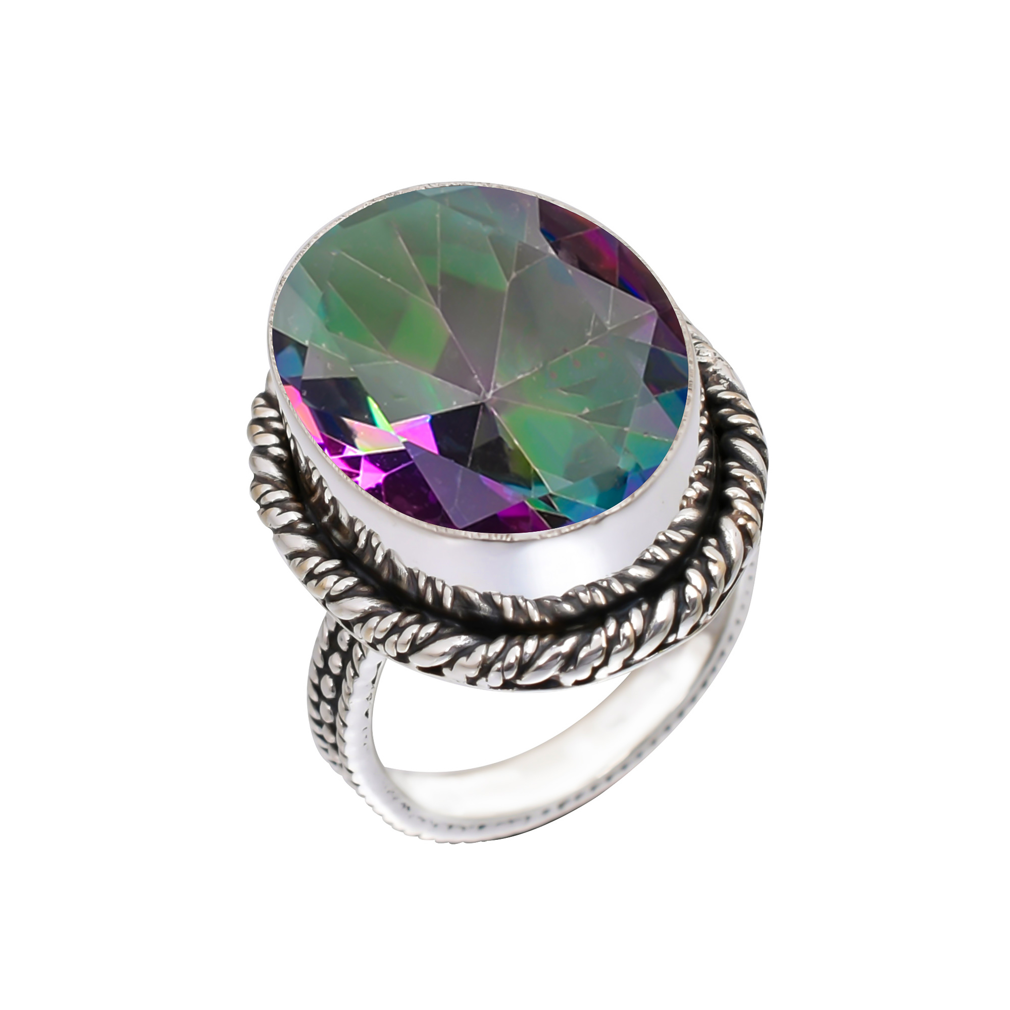 Rainbow Mystic Fire Topaz - Simulated Gemstone 925 Sterling Silver Ring