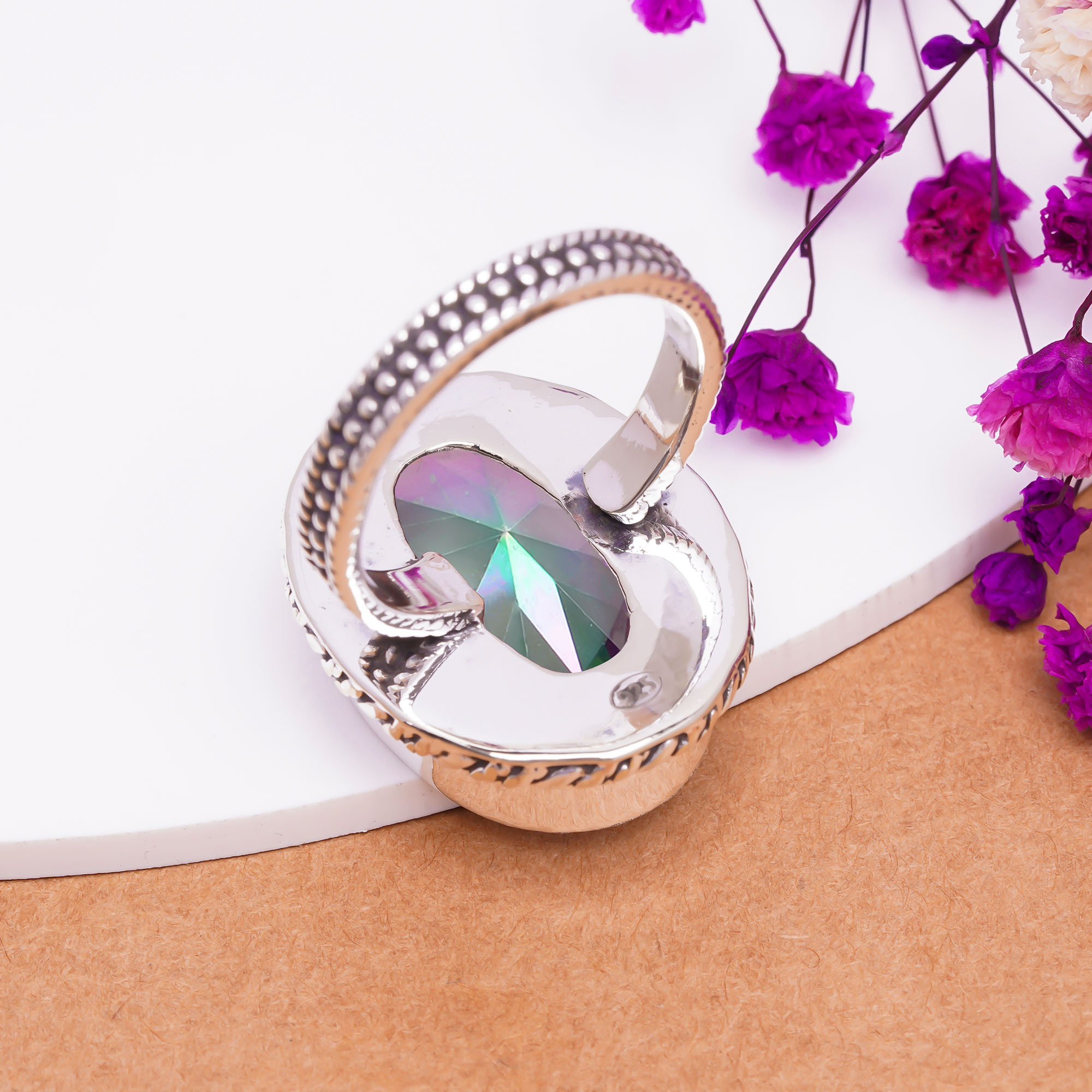 Rainbow Mystic Fire Topaz - Simulated Gemstone 925 Sterling Silver Ring