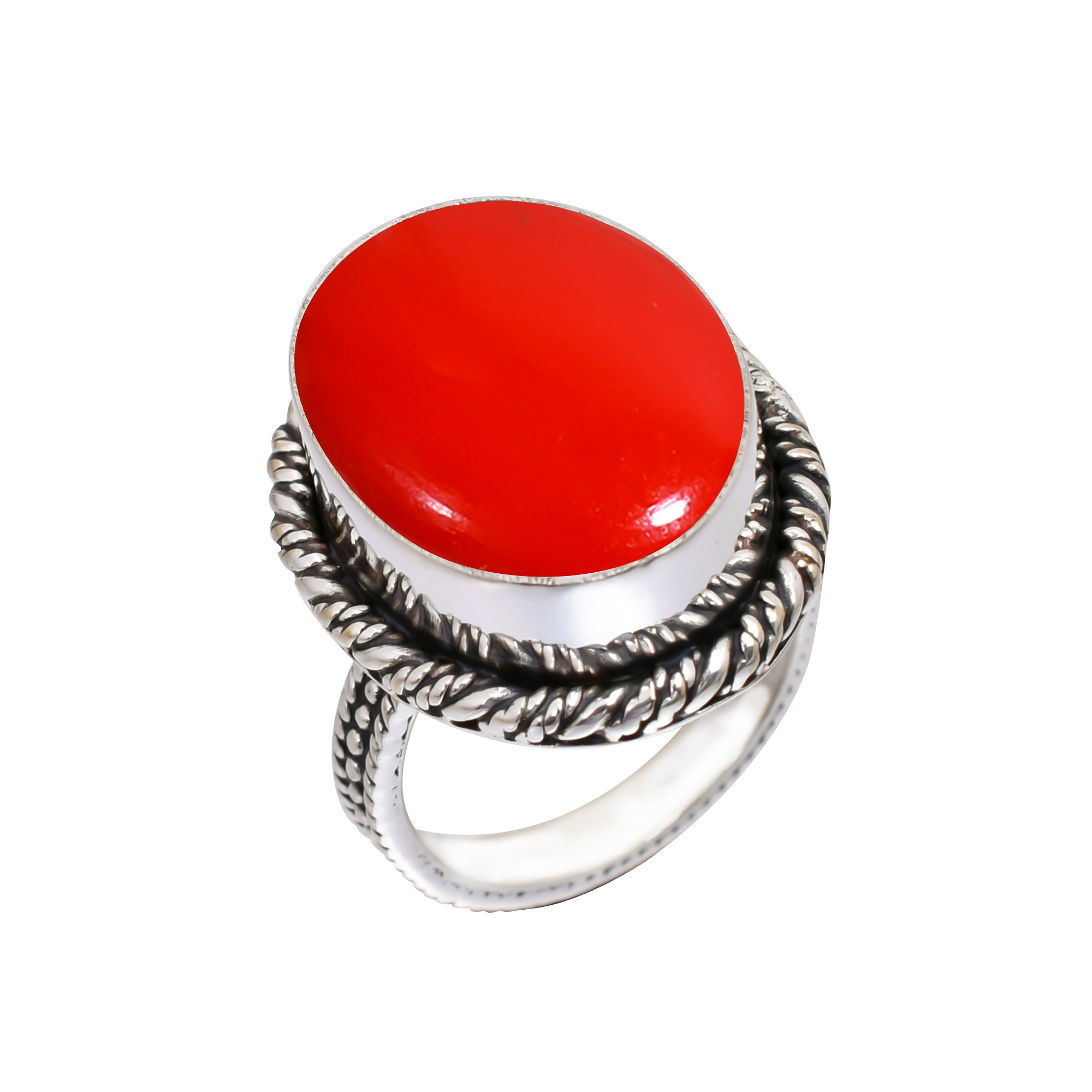Red Coral - Simulated Gemstone 925 Sterling Silver Ring