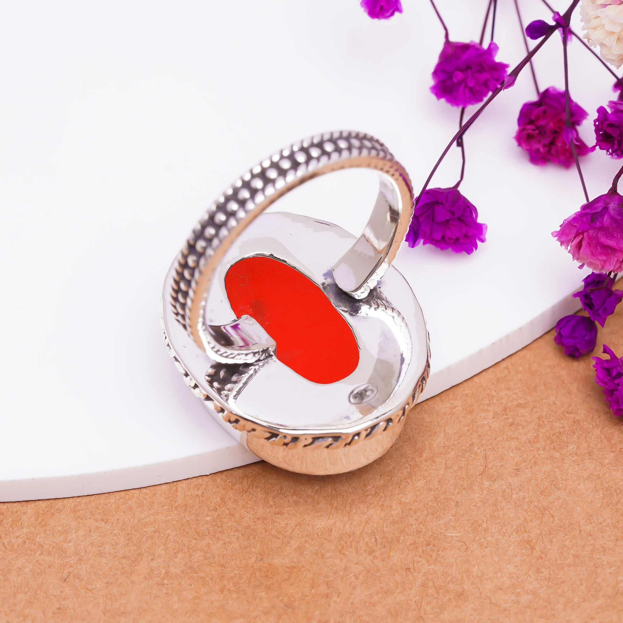 Red Coral - Simulated Gemstone 925 Sterling Silver Ring