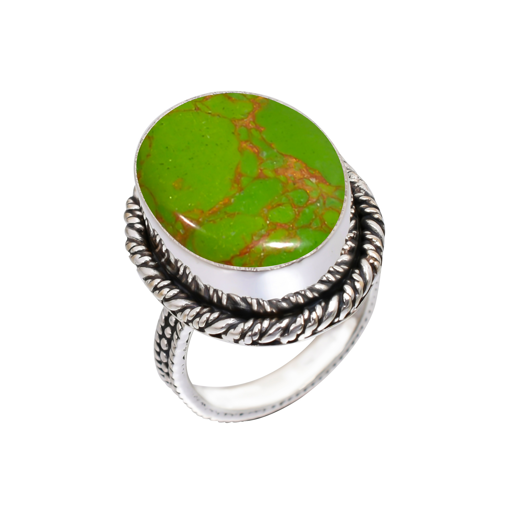 Copper Green Turquoise - Simulated Gemstone 925 Sterling Silver Ring