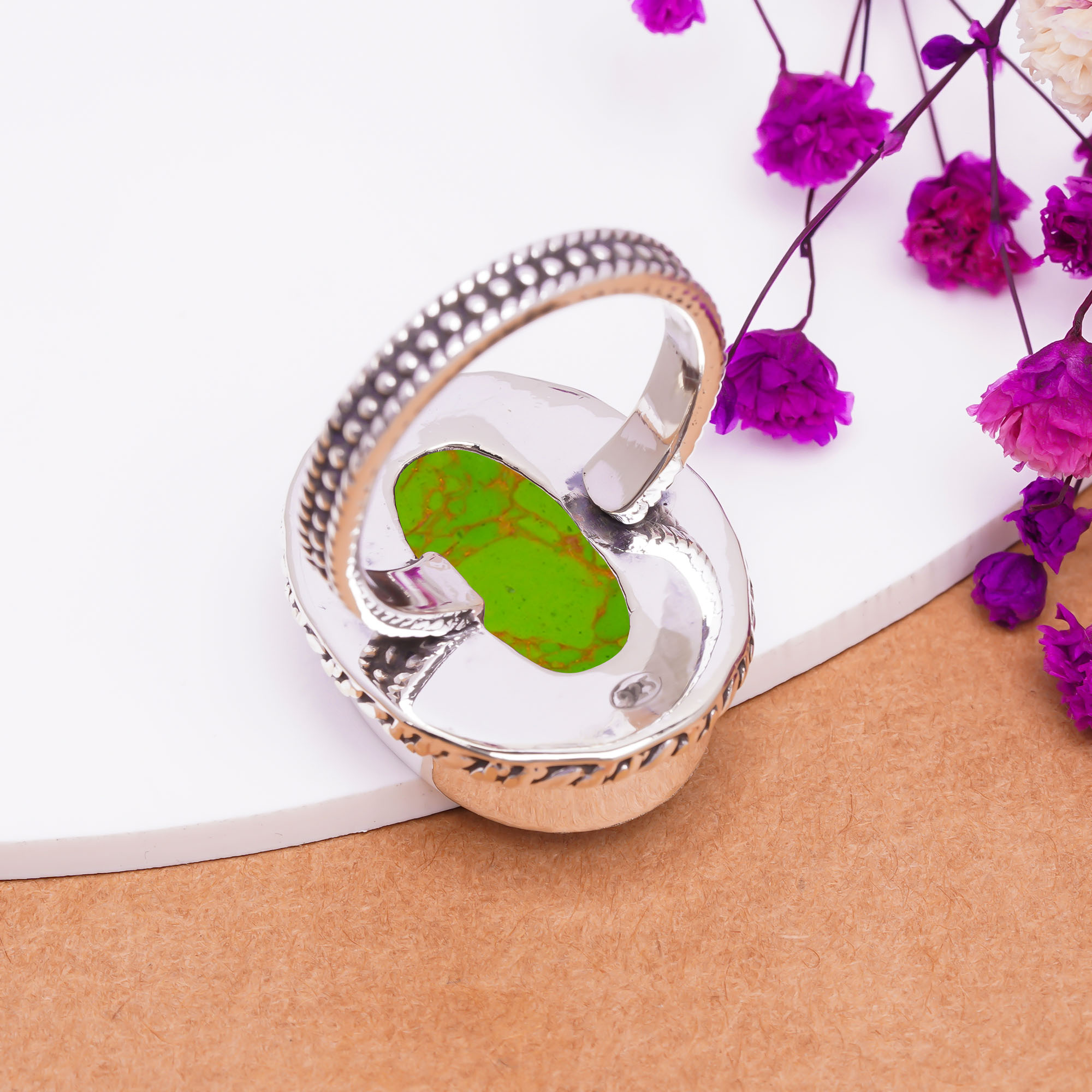 Copper Green Turquoise - Simulated Gemstone 925 Sterling Silver Ring