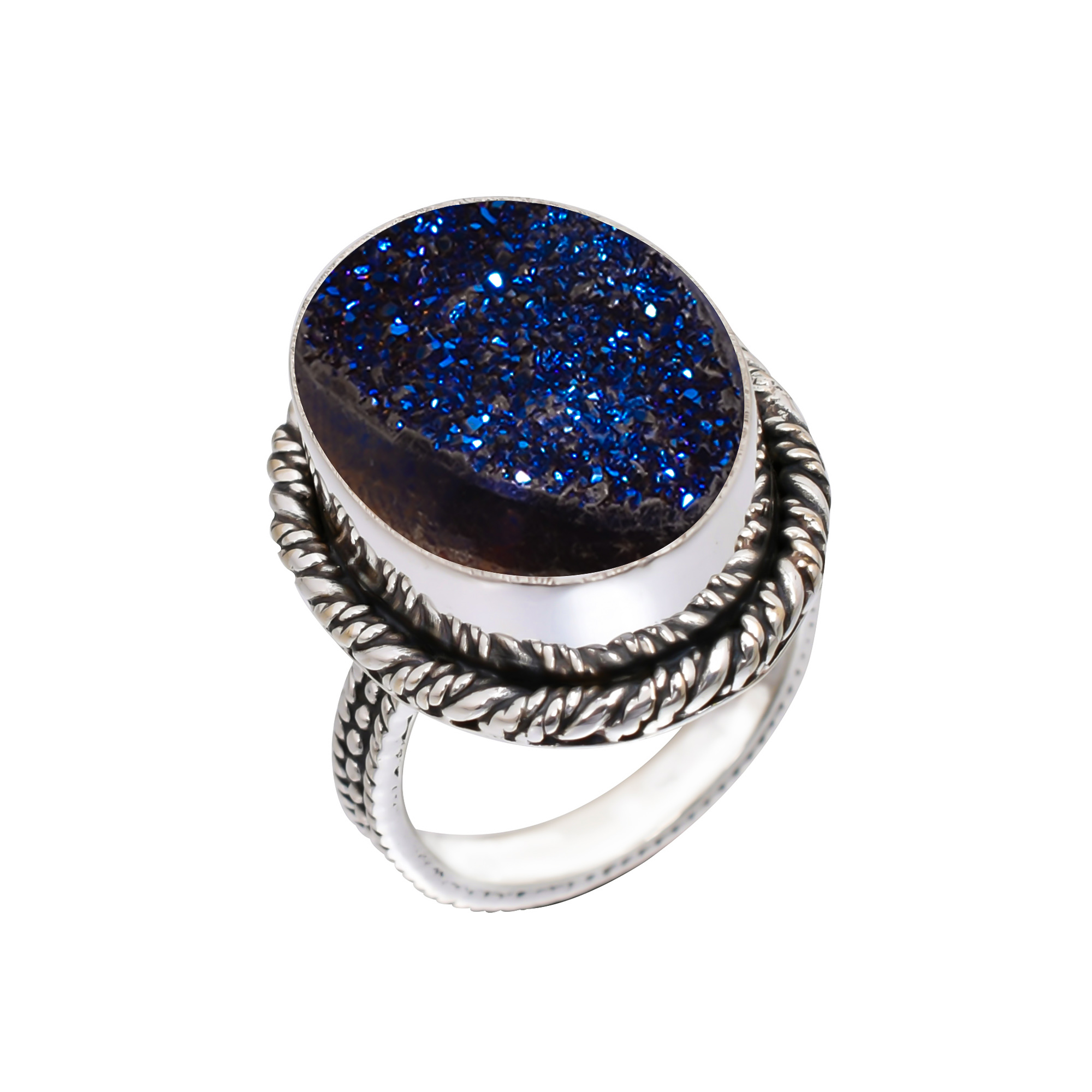 Electric Blue Titanium Agate Drusy Gemstone 925 Sterling Silver Ring