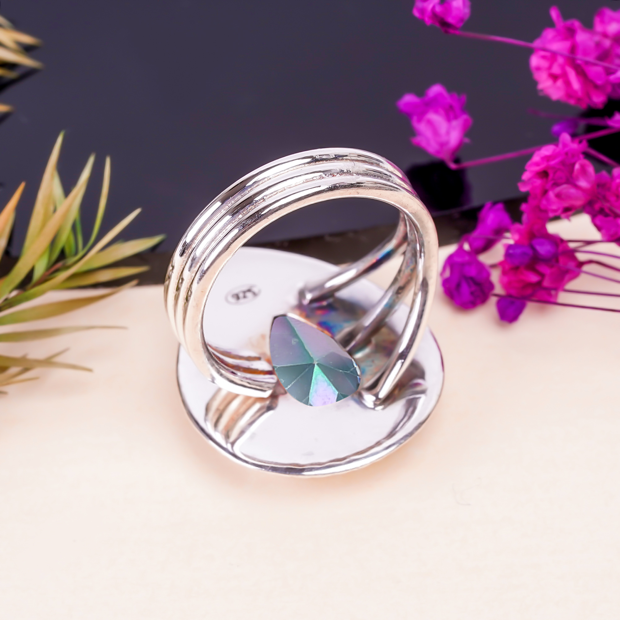 Rainbow Mystic Fire Topaz - Simulated Gemstone 925 Sterling Silver Ring