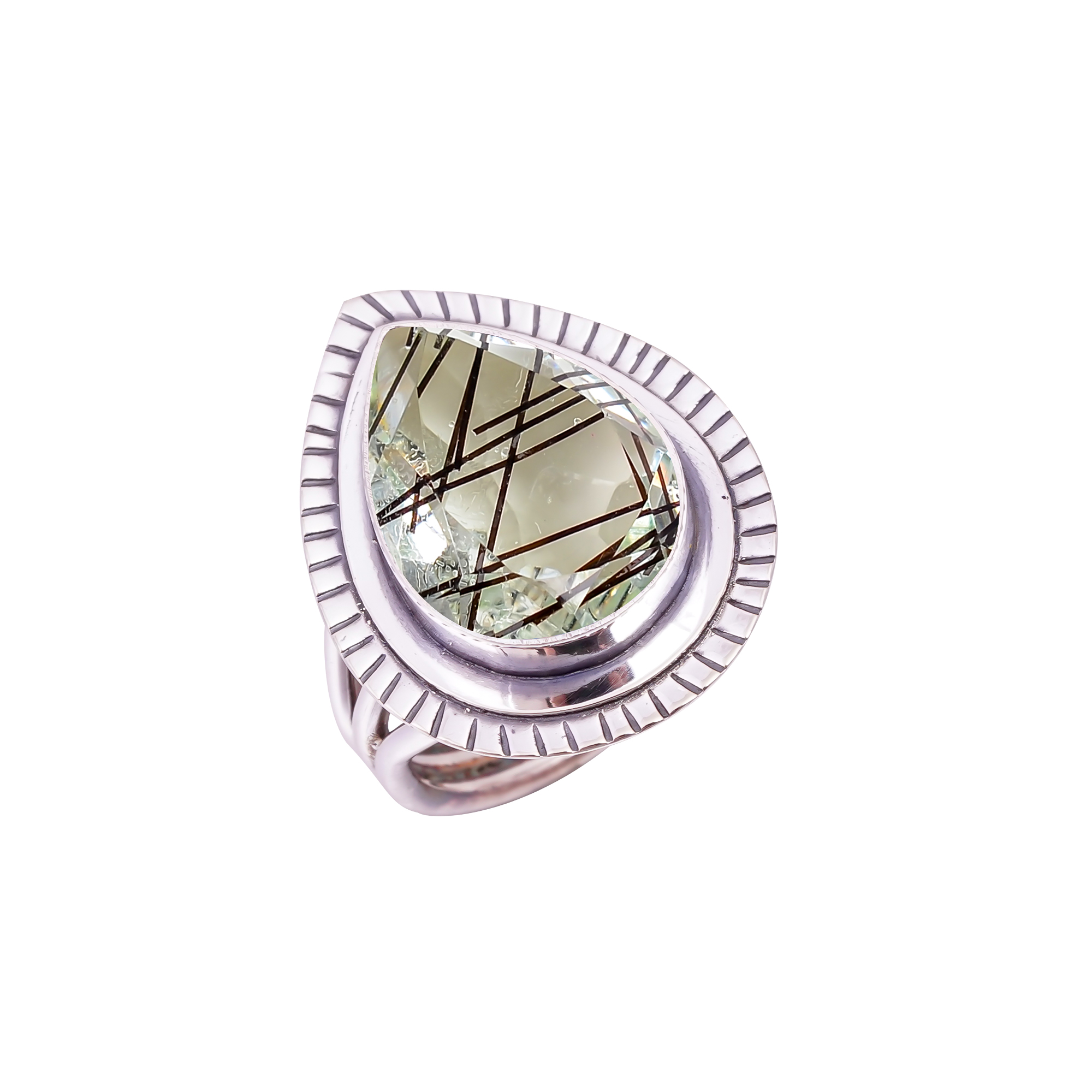 Black Rutilated Quartz - Simulated Gemstone 925 Sterling Silver Ring