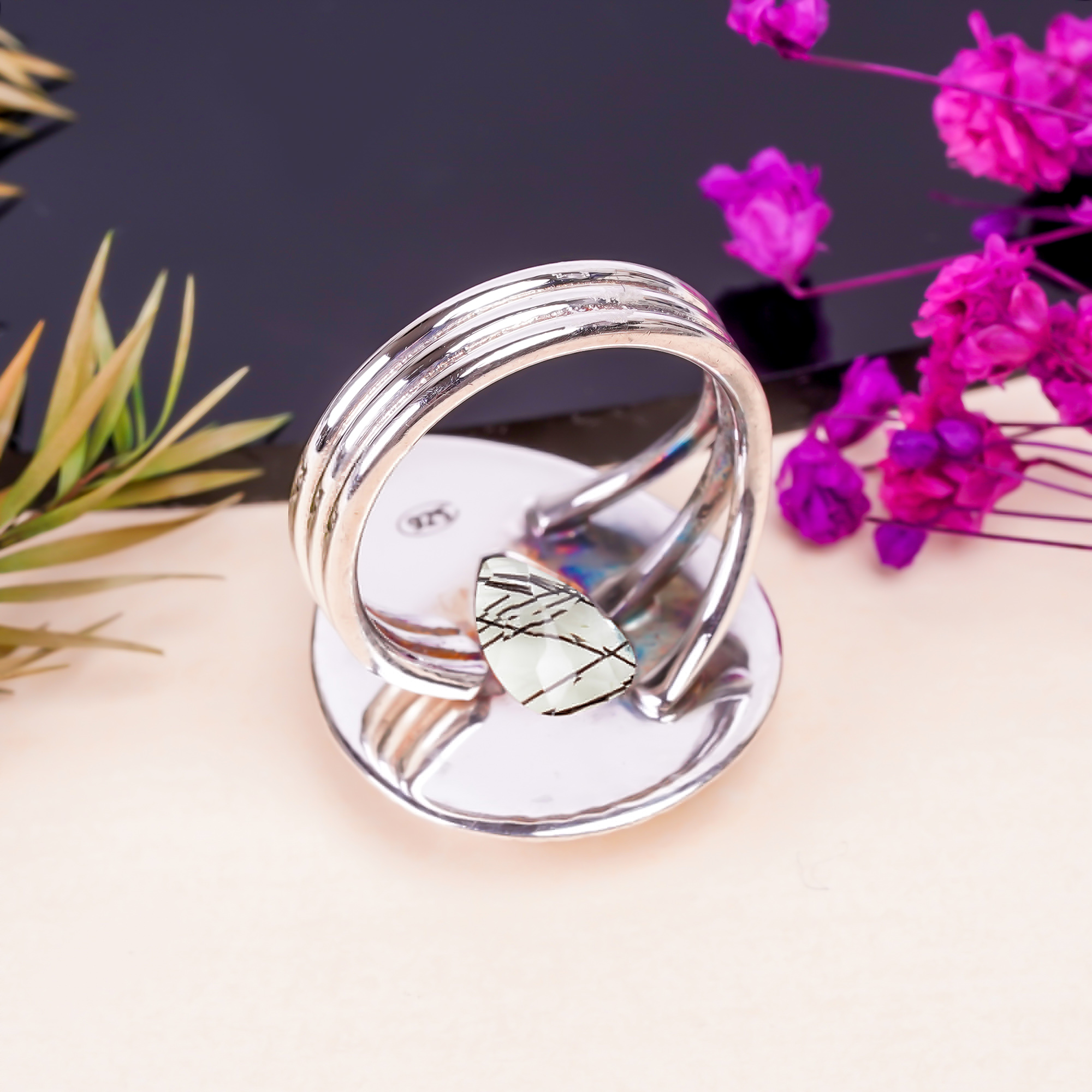Black Rutilated Quartz - Simulated Gemstone 925 Sterling Silver Ring