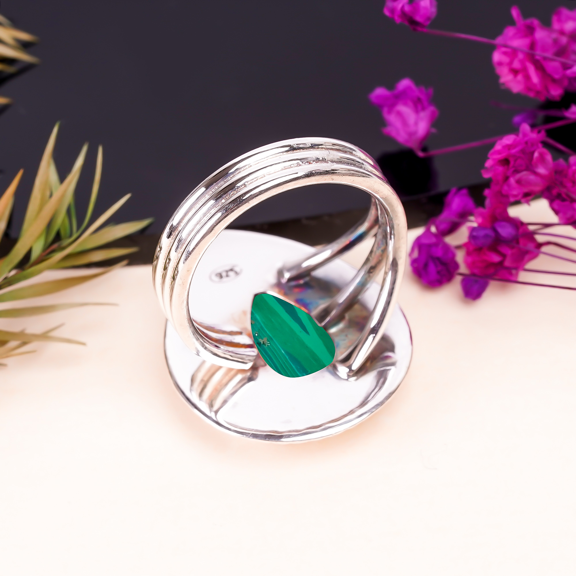 Malachite - Simulated Gemstone 925 Sterling Silver Ring