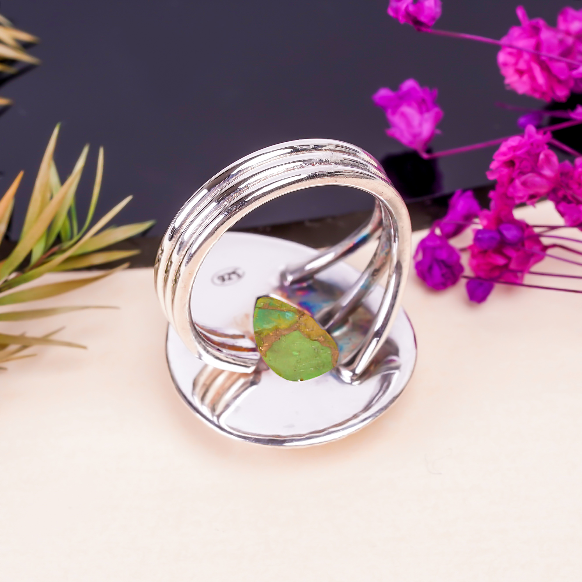 Copper Green Turquoise Gemstone 925 Sterling Silver Ring