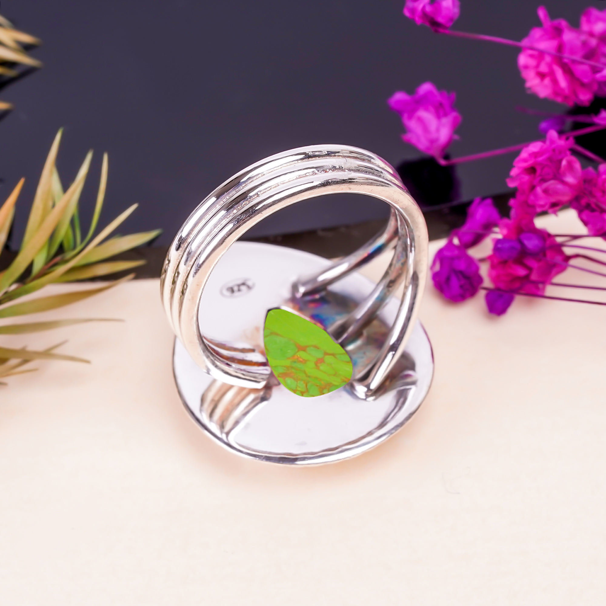 Copper Green Turquoise - Simulated Gemstone 925 Sterling Silver Ring