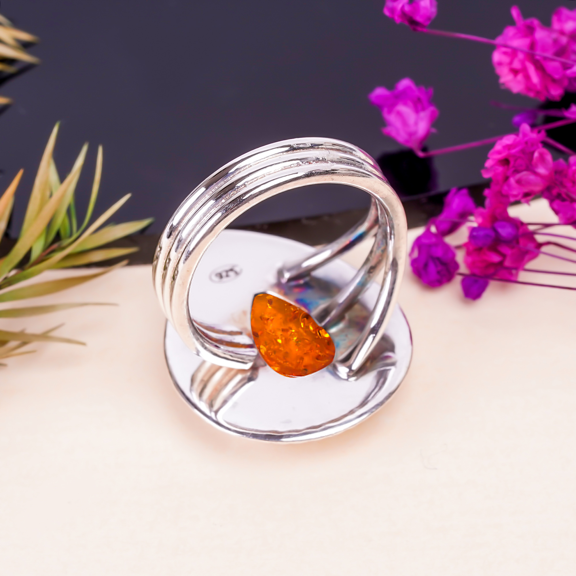 Amber - Simulated Gemstone 925 Sterling Silver Ring