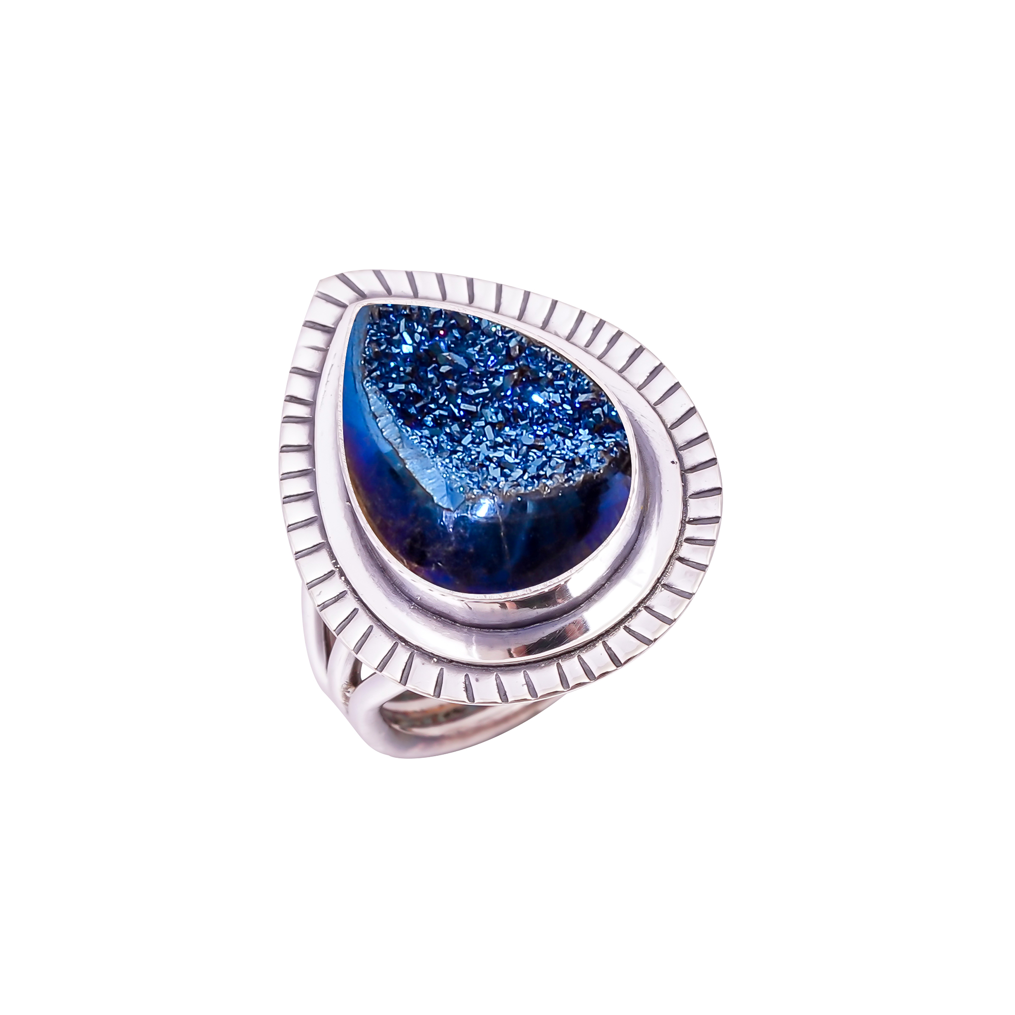 Electric Blue Titanium Agate Drusy Gemstone 925 Sterling Silver Ring