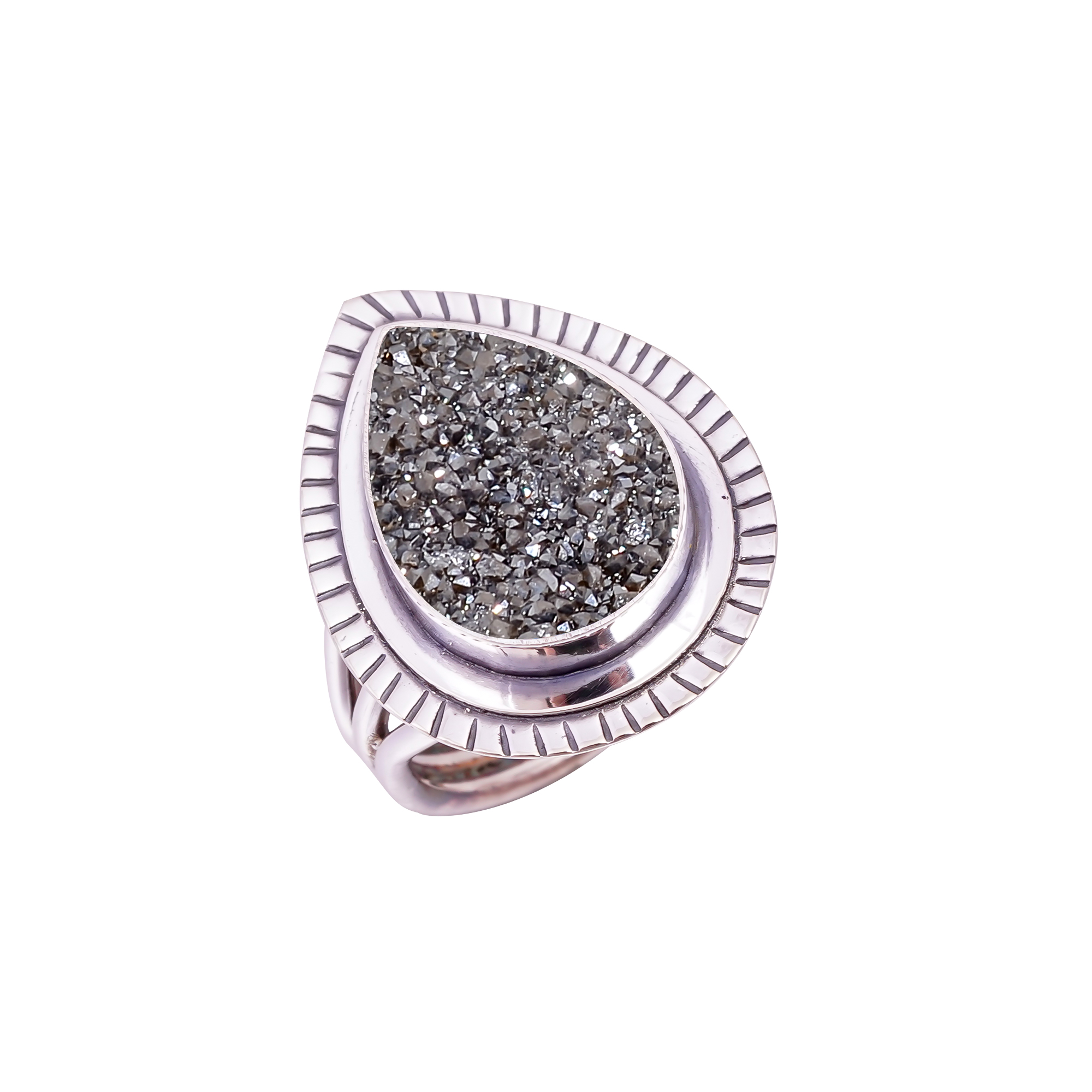 Black Titanium Agate Drusy Gemstone 925 Sterling Silver Ring
