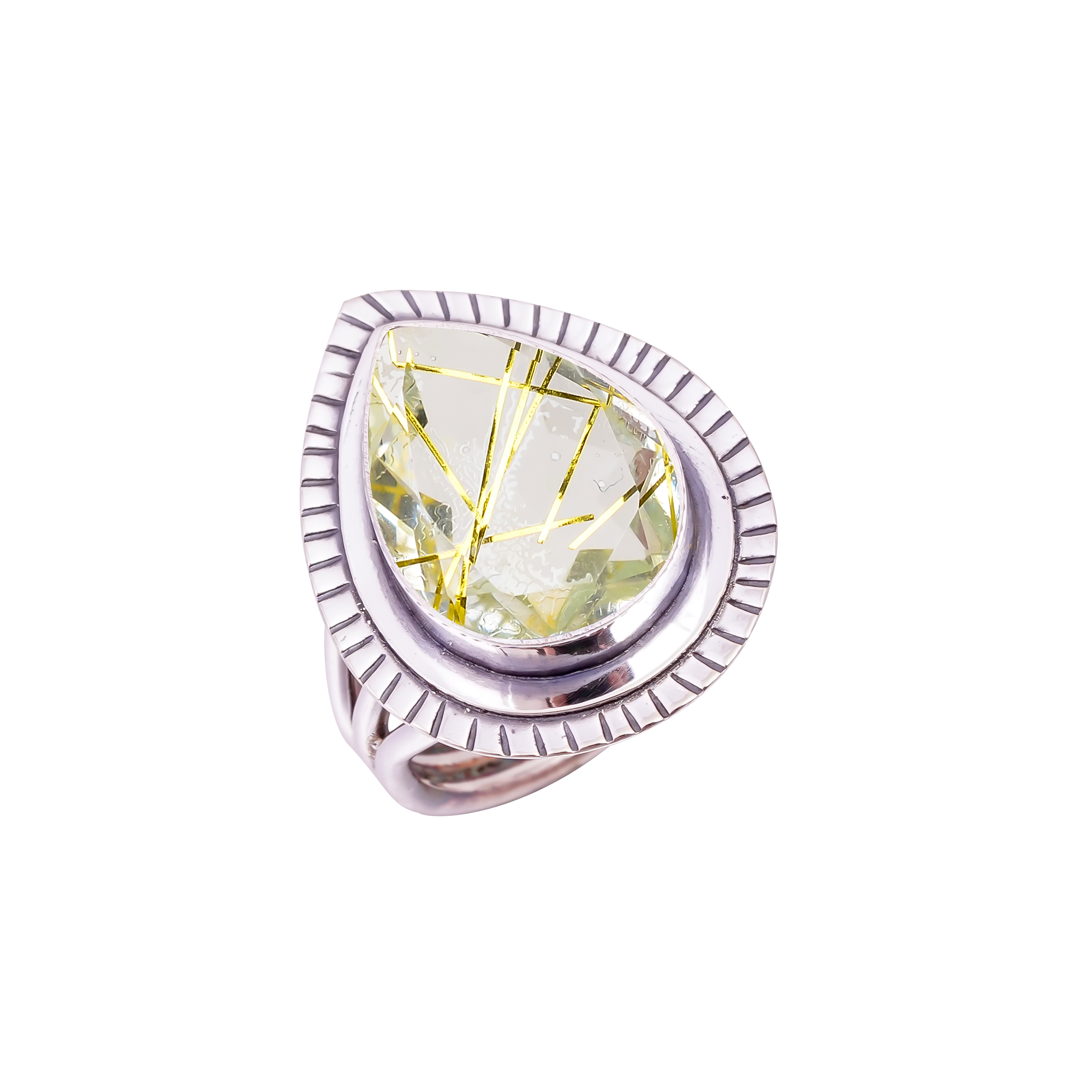 Golden Rutilated Quartz - Simulated Gemstone 925 Sterling Silver Ring
