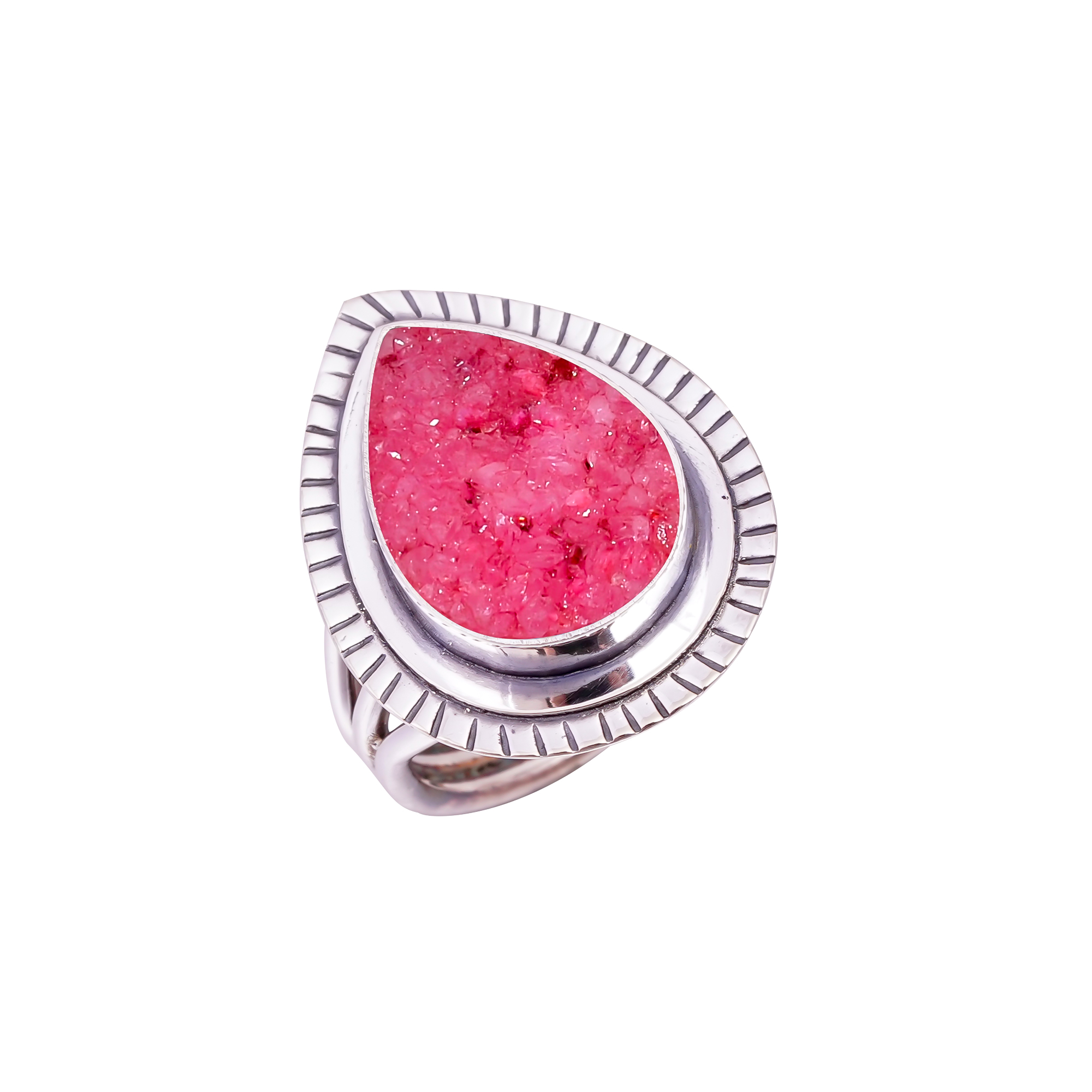 Pink Quartz Drusy - India Gemstone 925 Sterling Silver Ring