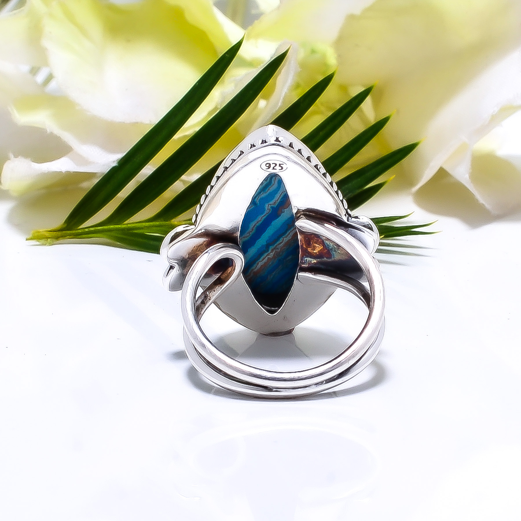 Blue Rainbow Calsilica - Simulated Gemstone 925 Sterling Silver Ring