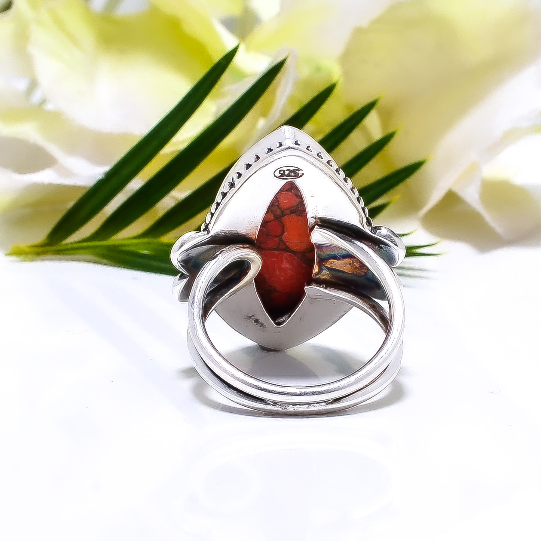 Copper Red Turquoise - Simulated Gemstone 925 Sterling Silver Ring