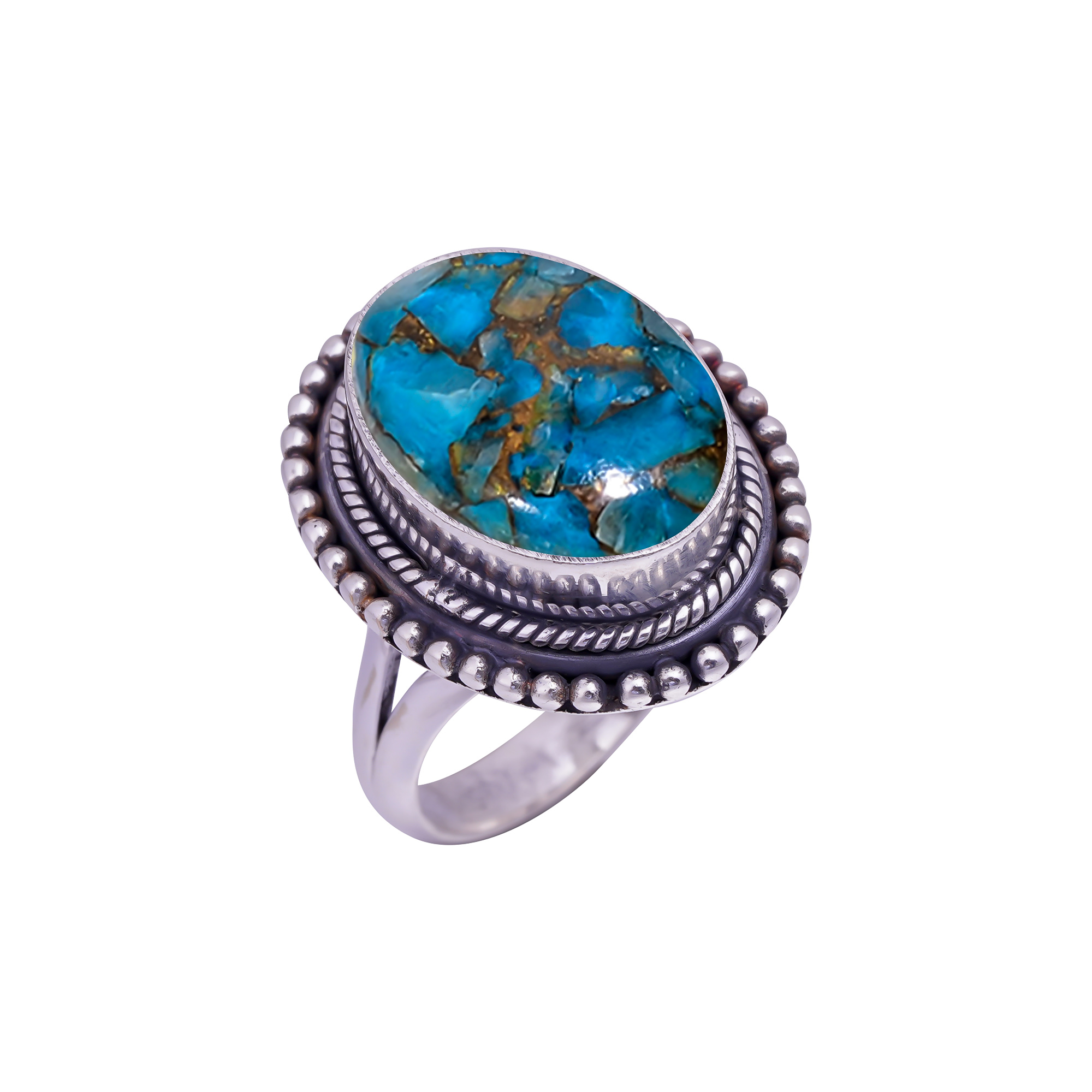 Copper Blue Turquoise Gemstone 925 Sterling Silver Ring