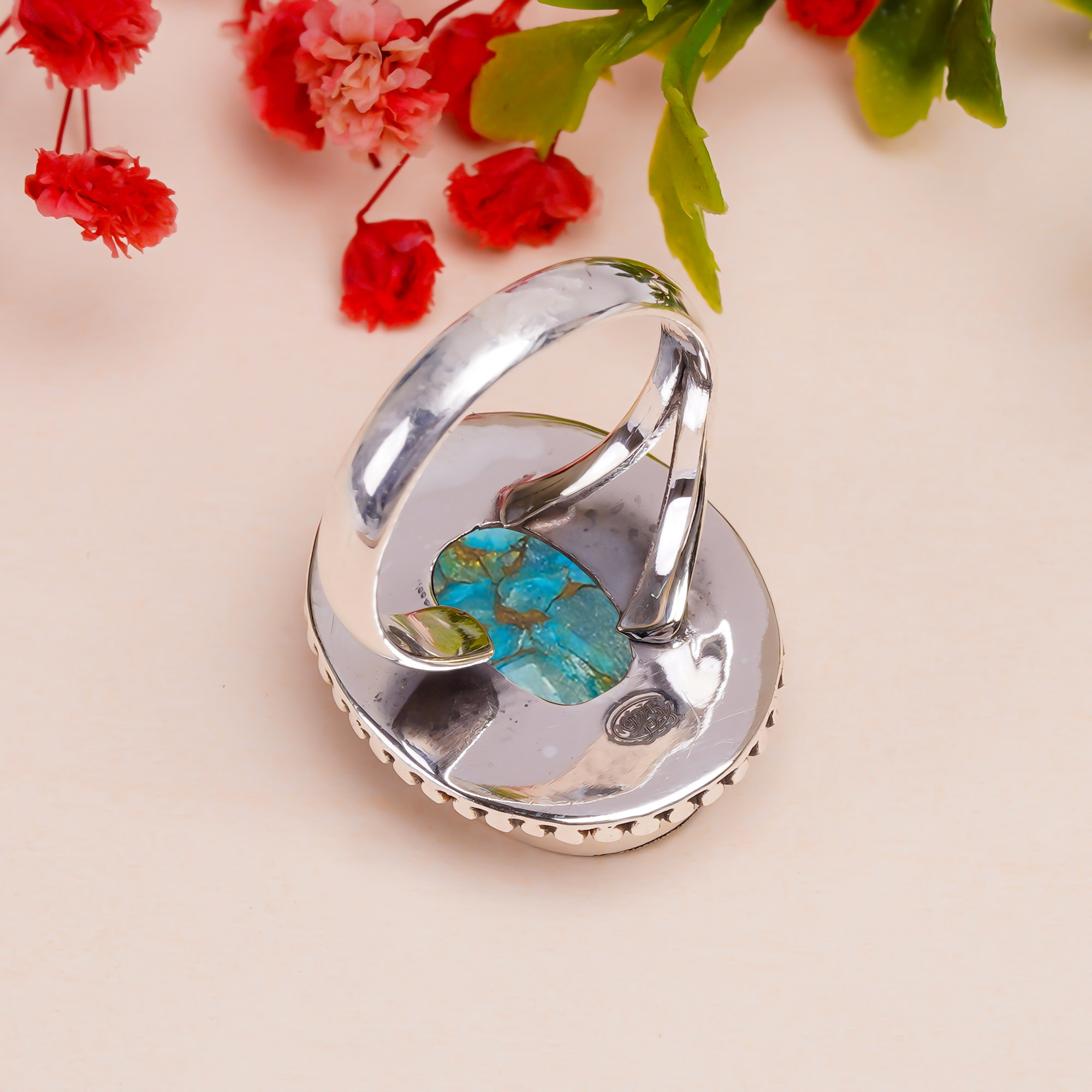 Copper Blue Turquoise Gemstone 925 Sterling Silver Ring