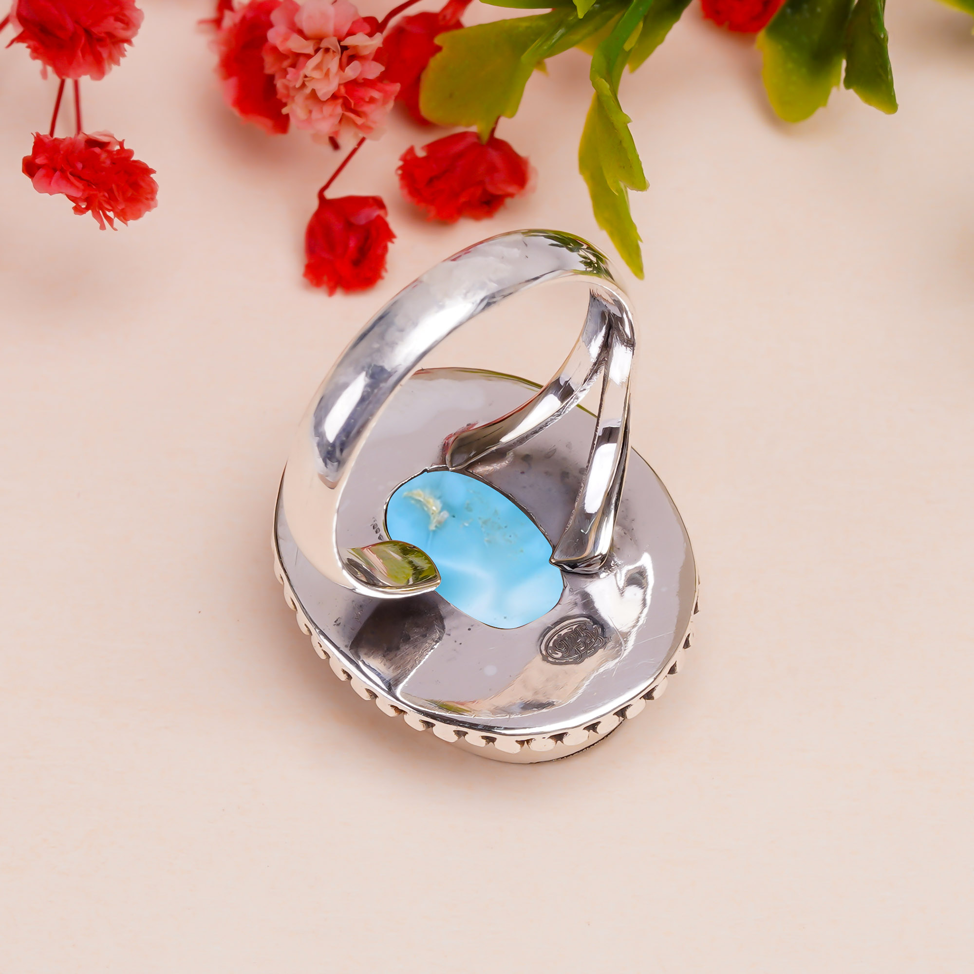 Natural Larimar / Pactolite - Dominican Republic Gemstone 925 Sterling Silver Ring