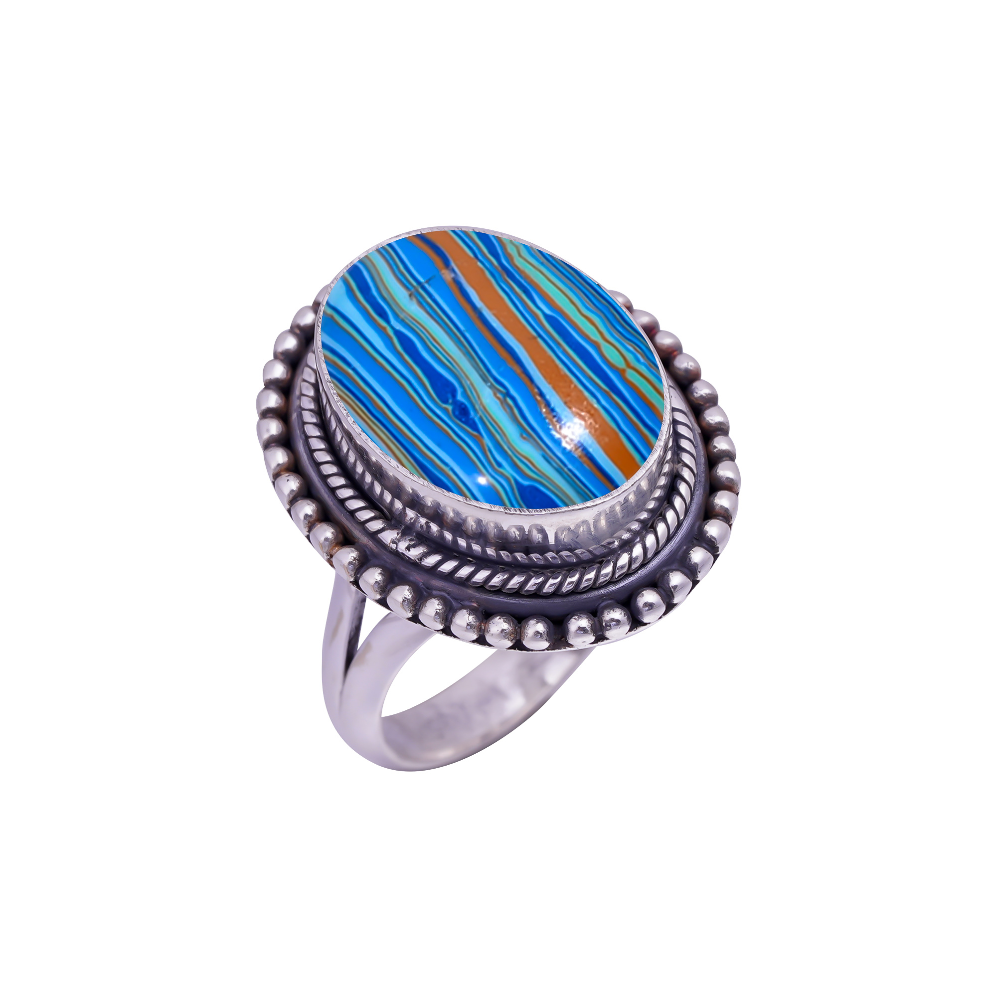 Blue Rainbow Calsilica - Simulated Gemstone 925 Sterling Silver Ring