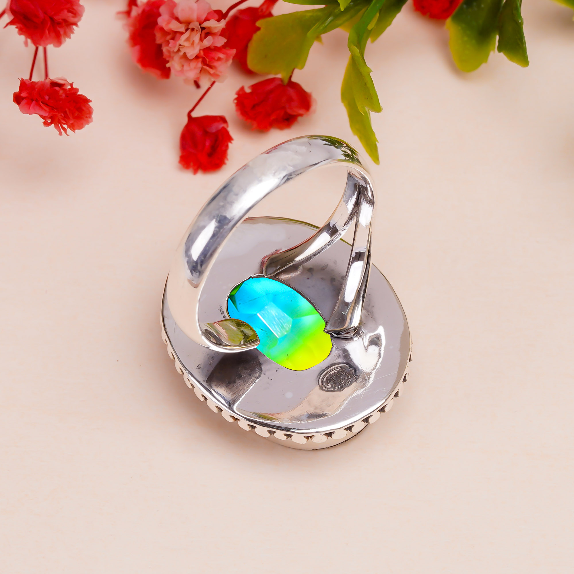 Bi-Colour Tourmaline - Simulated Gemstone 925 Sterling Silver Ring