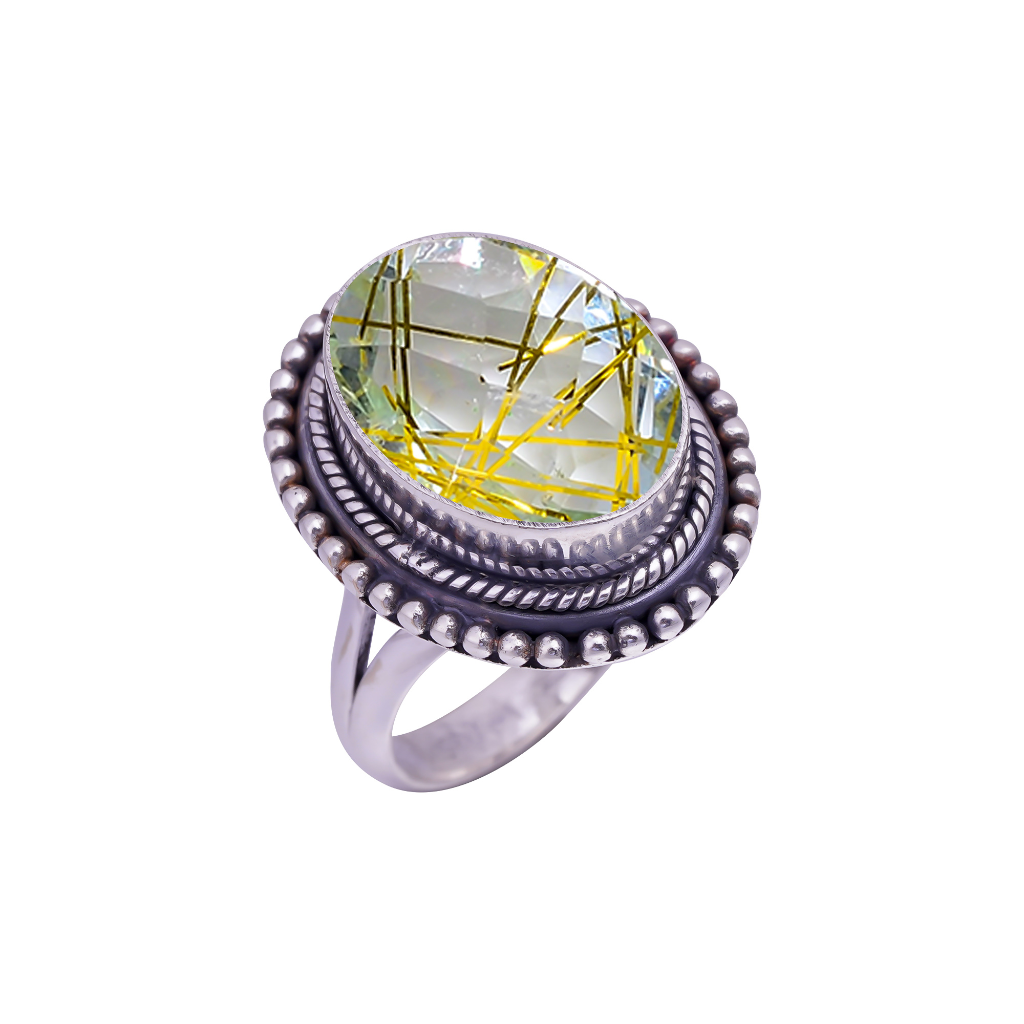 Golden Rutilated Quartz - Simulated Gemstone 925 Sterling Silver Ring