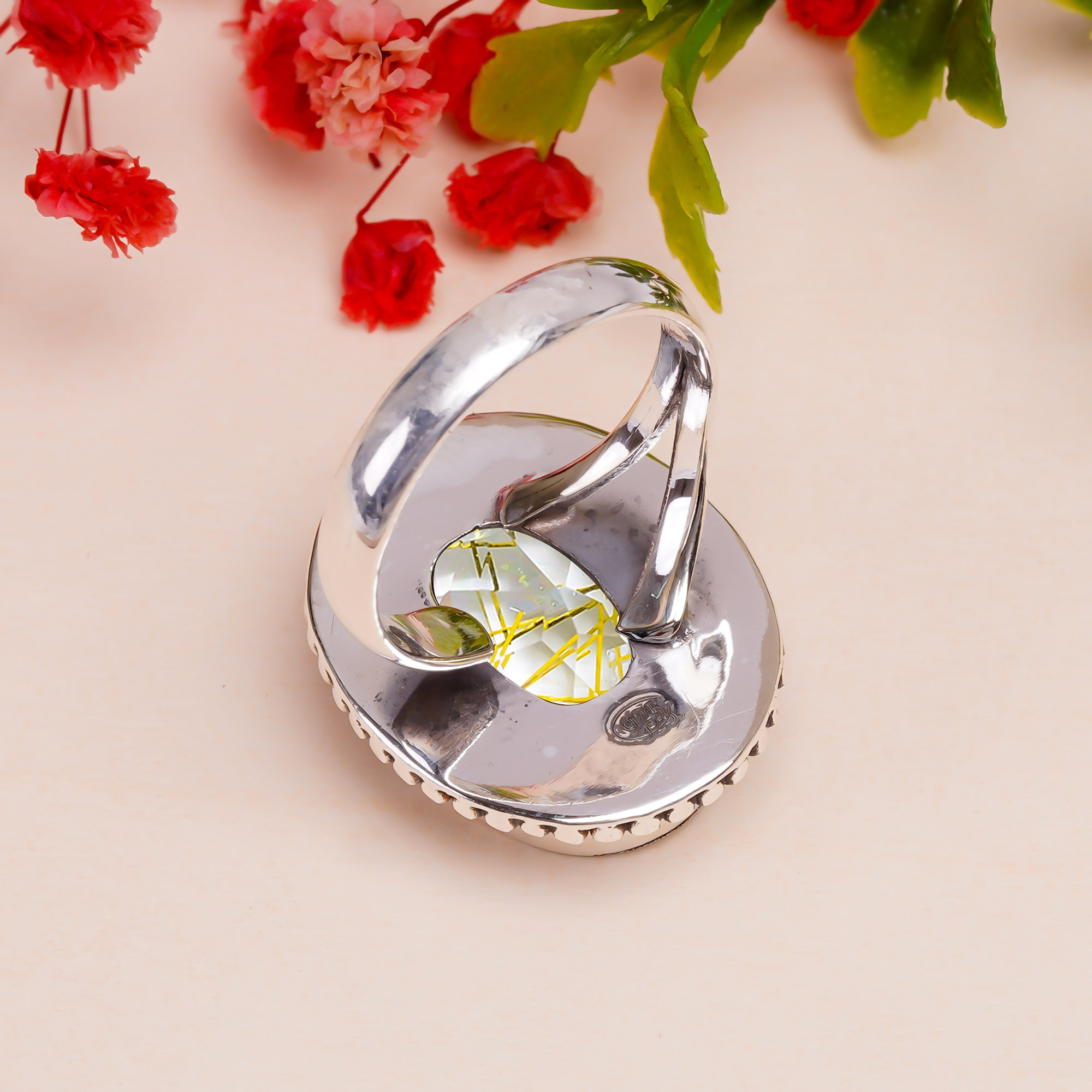 Golden Rutilated Quartz - Simulated Gemstone 925 Sterling Silver Ring
