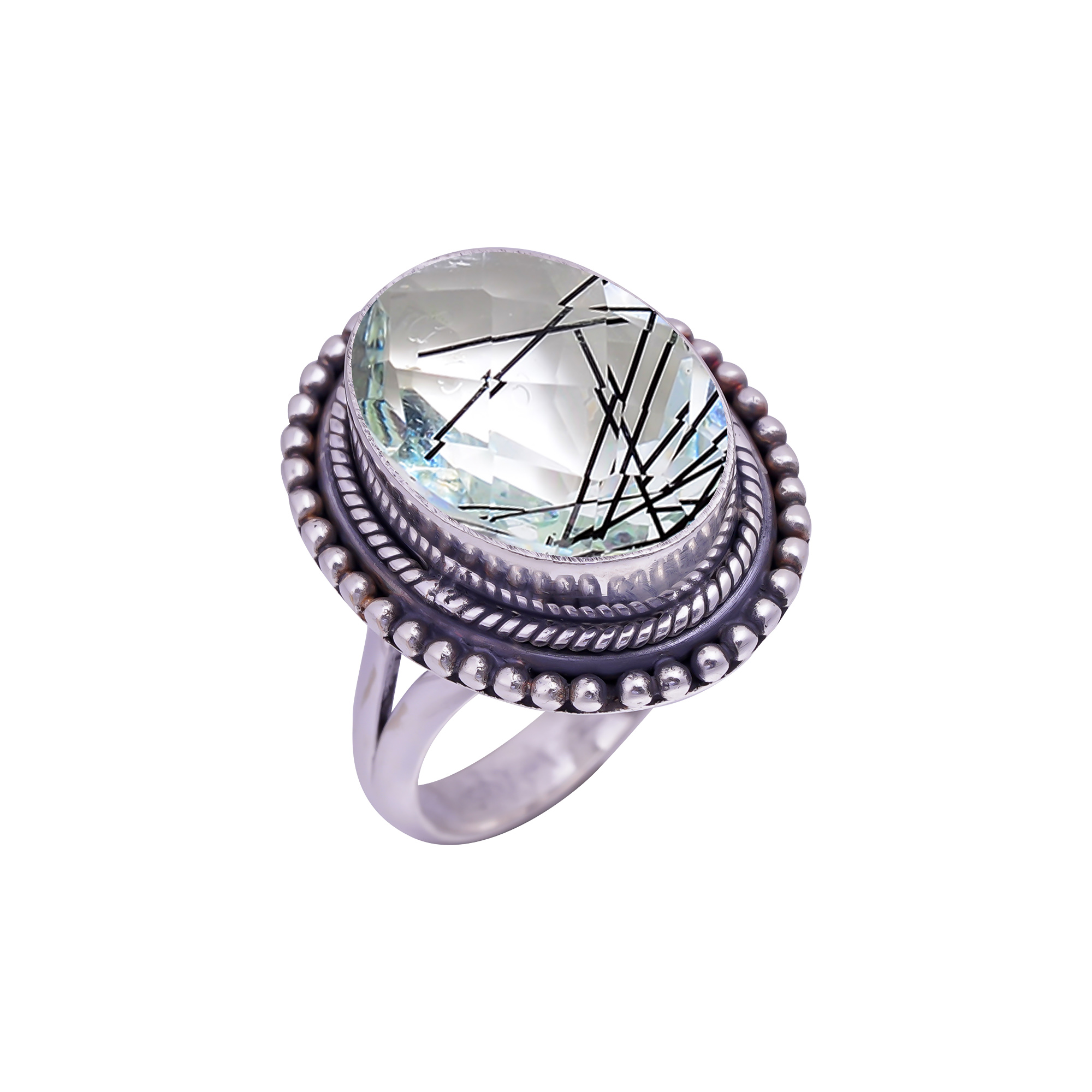 Black Rutilated Quartz - Simulated Gemstone 925 Sterling Silver Ring