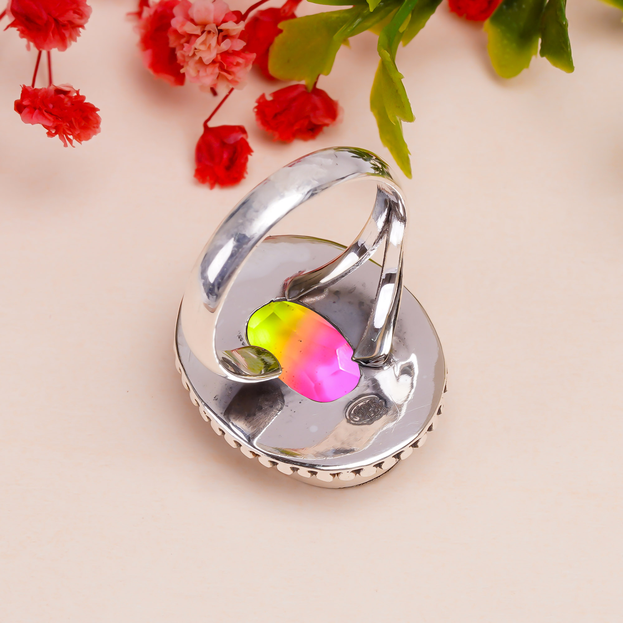 Bi-Colour Tourmaline - Simulated Gemstone 925 Sterling Silver Ring