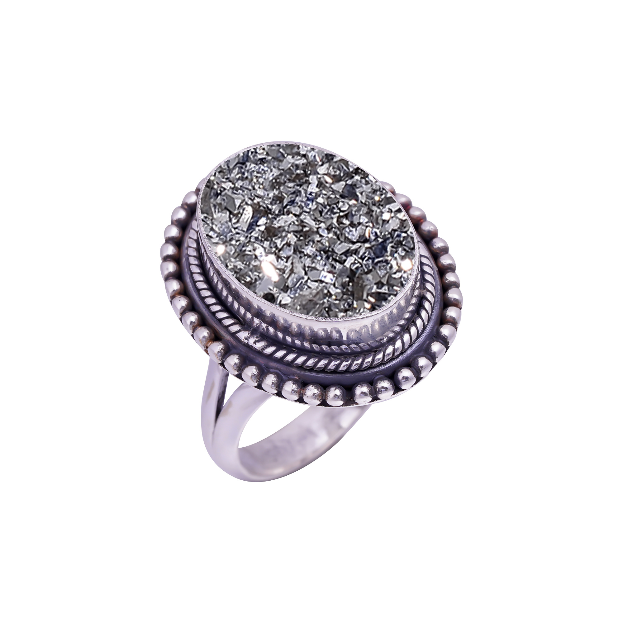Silver Titanium Agate Drusy Gemstone 925 Sterling Silver Ring
