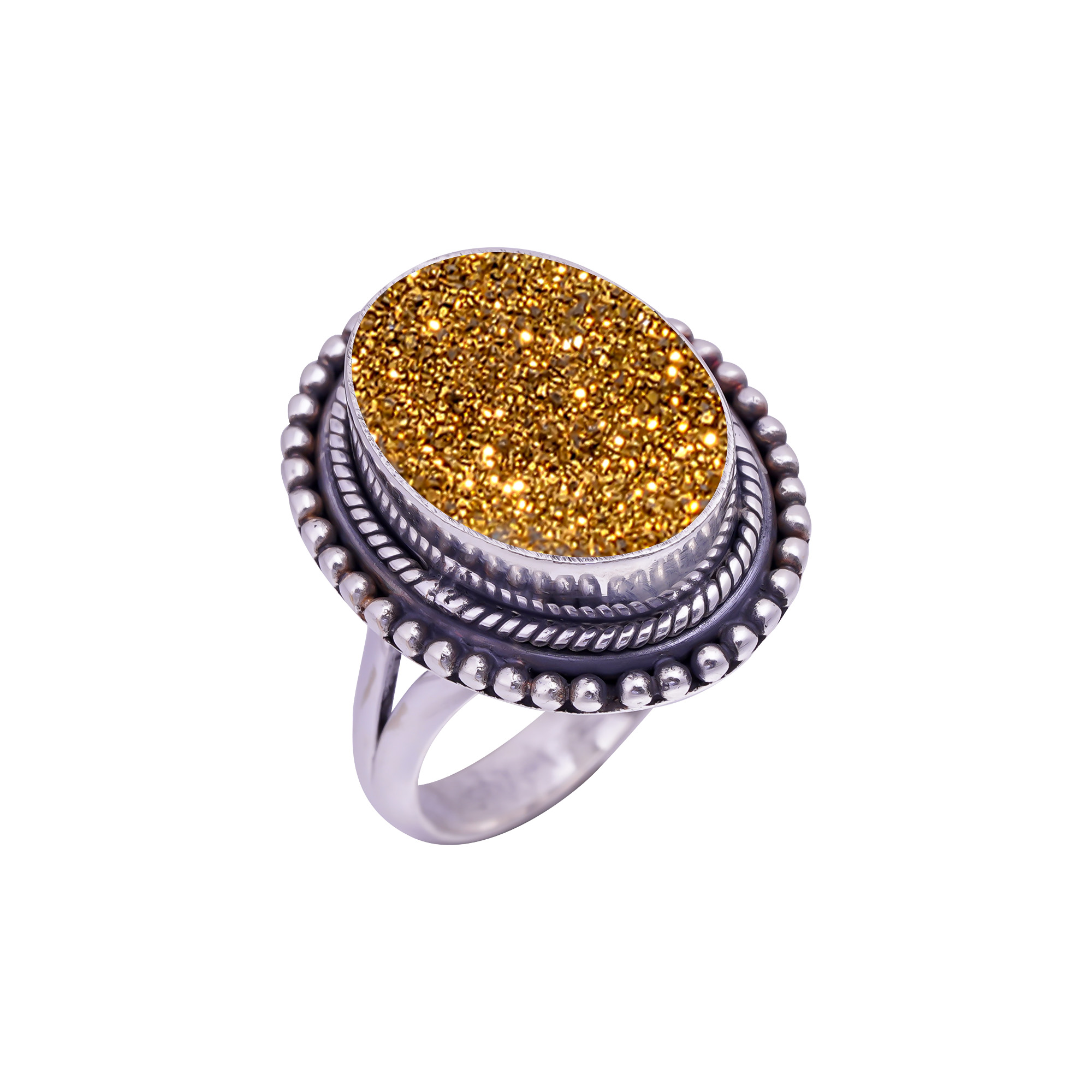 Golden Titanium Agate Drusy Gemstone 925 Sterling Silver Ring