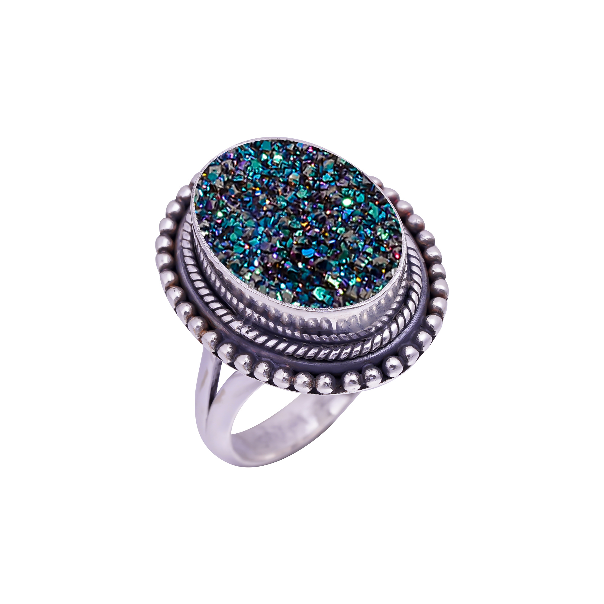 Electric Blue Titanium Agate Drusy Gemstone 925 Sterling Silver Ring