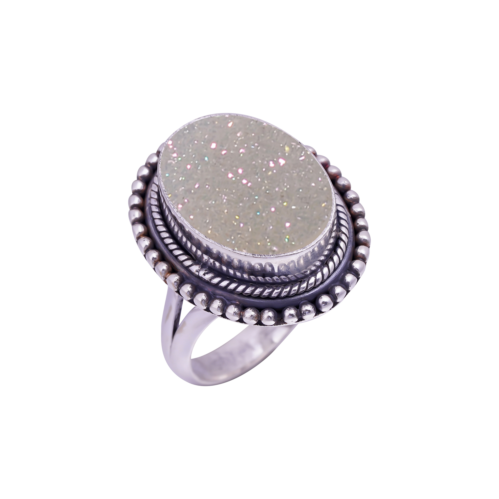 Snow White Titanium Agate Drusy Gemstone 925 Sterling Silver Ring