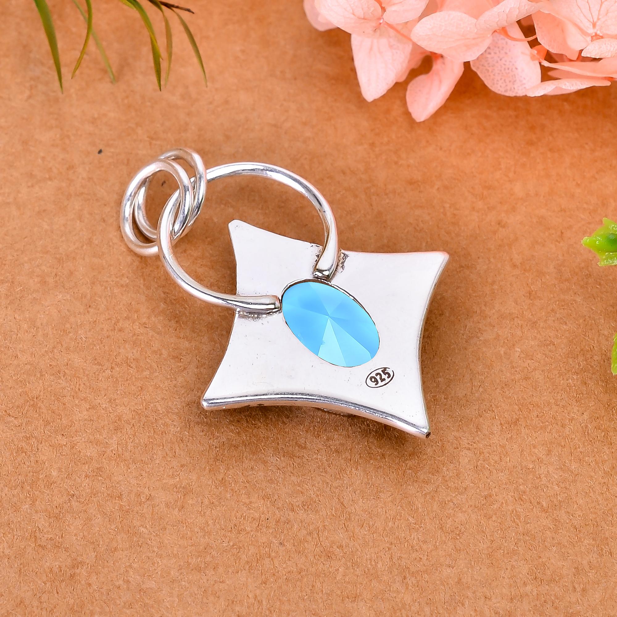 Blue Topaz - Simulated 925 Solid Sterling Silver Pendant