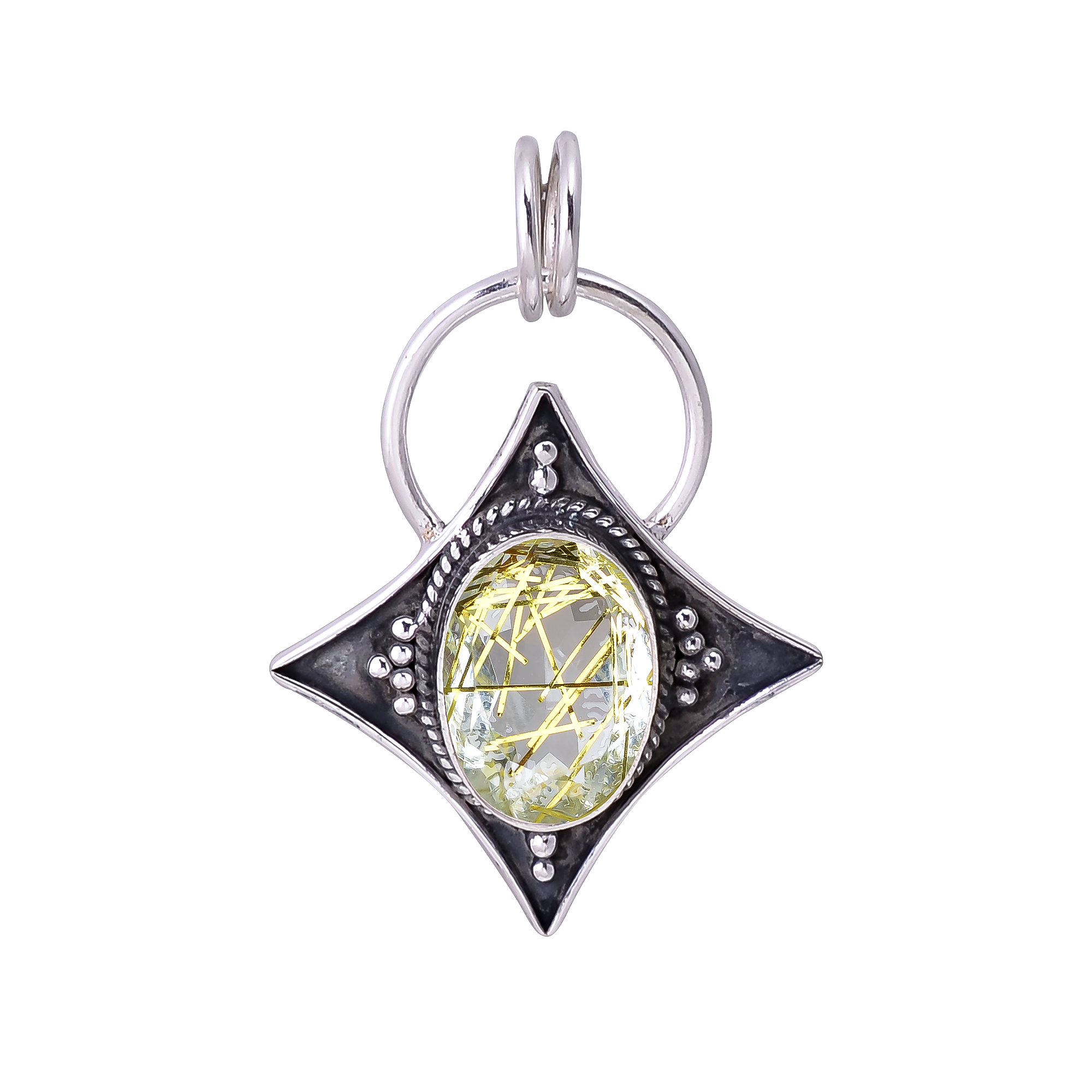 Golden Rutilated Quartz - Simulated 925 Solid Sterling Silver Pendant