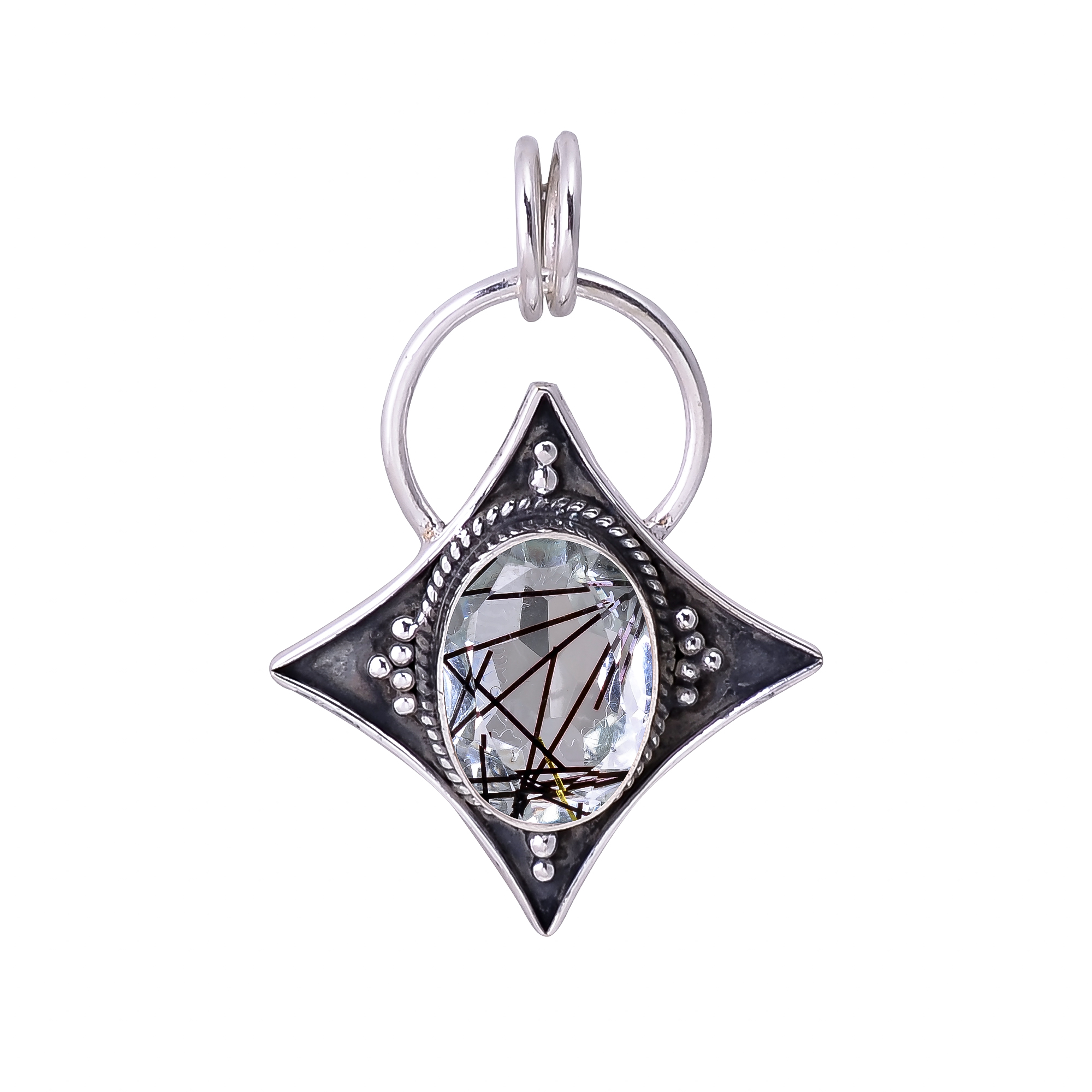 Black Rutilated Quartz - Simulated 925 Solid Sterling Silver Pendant