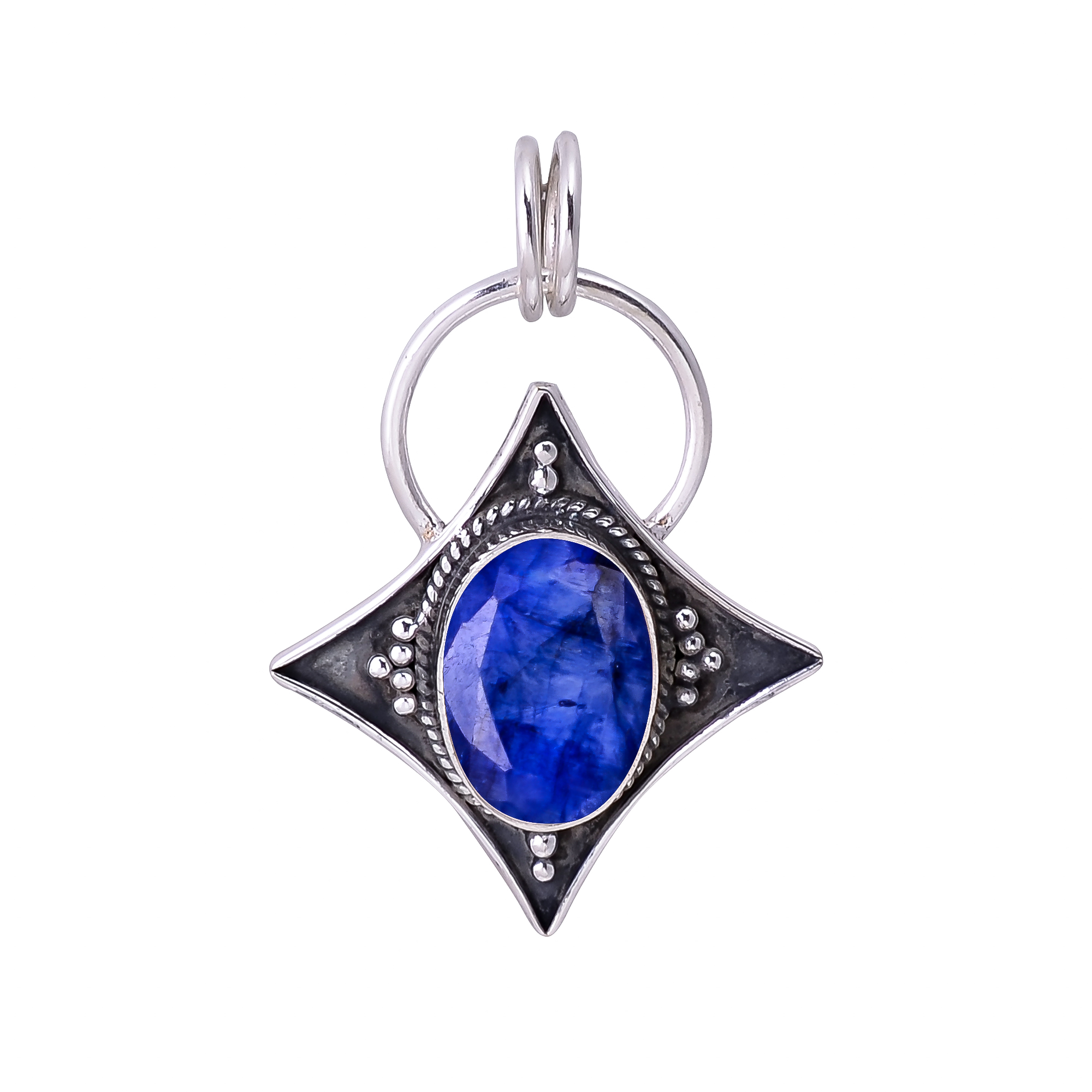 Blue Sapphire - Dyed Quartz 925 Solid Sterling Silver Pendant