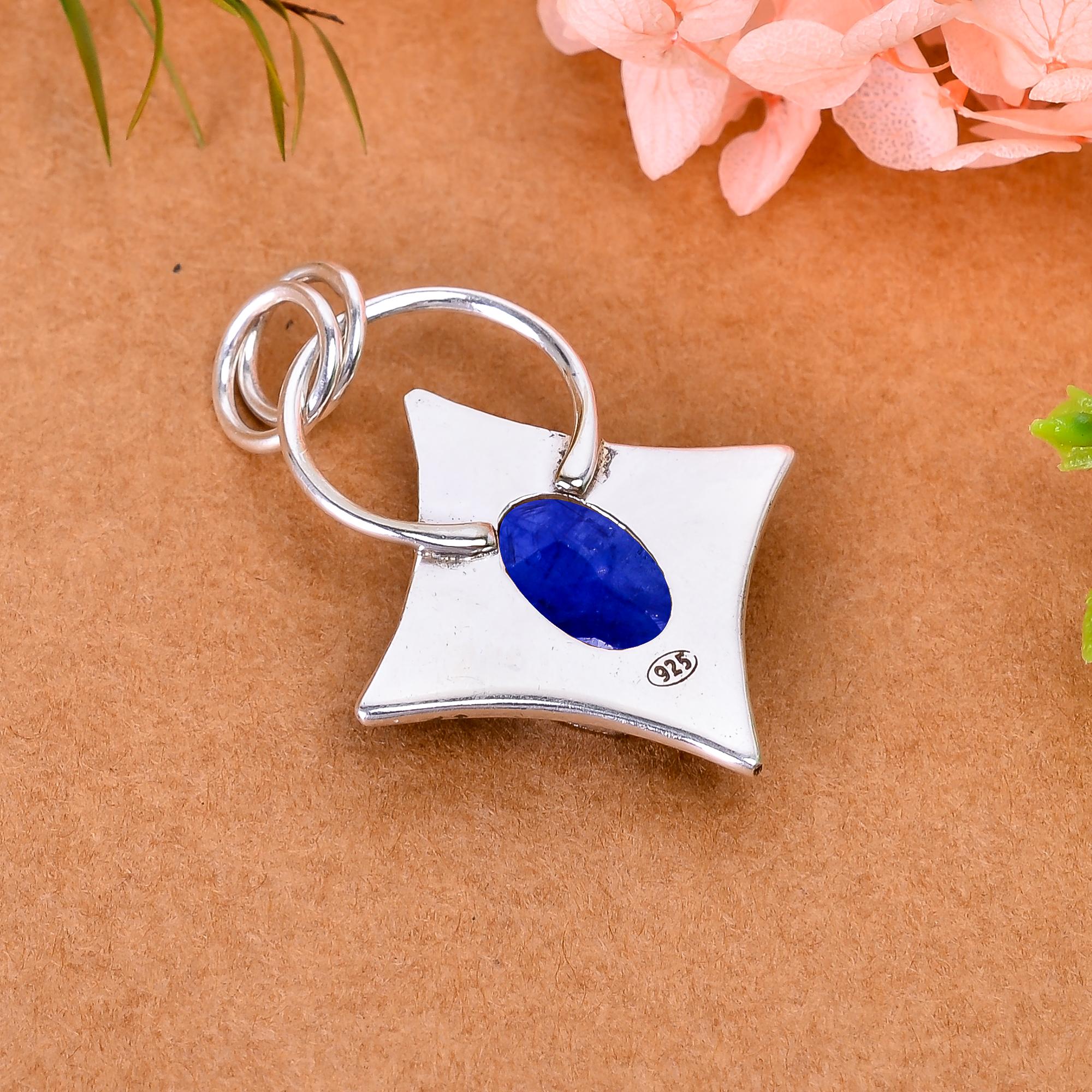 Blue Sapphire - Dyed Quartz 925 Solid Sterling Silver Pendant