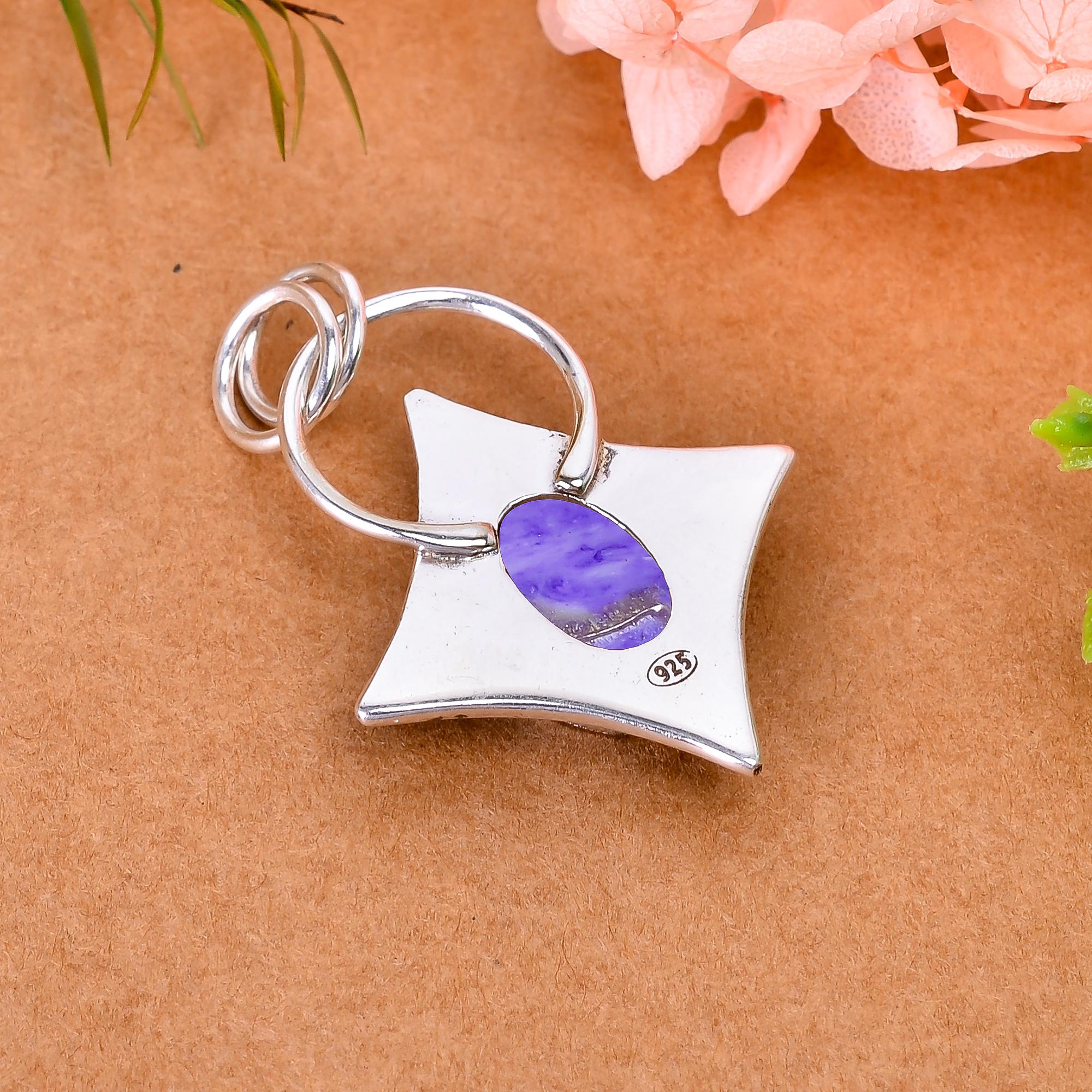 Purple Charoite - Simulated 925 Solid Sterling Silver Pendant