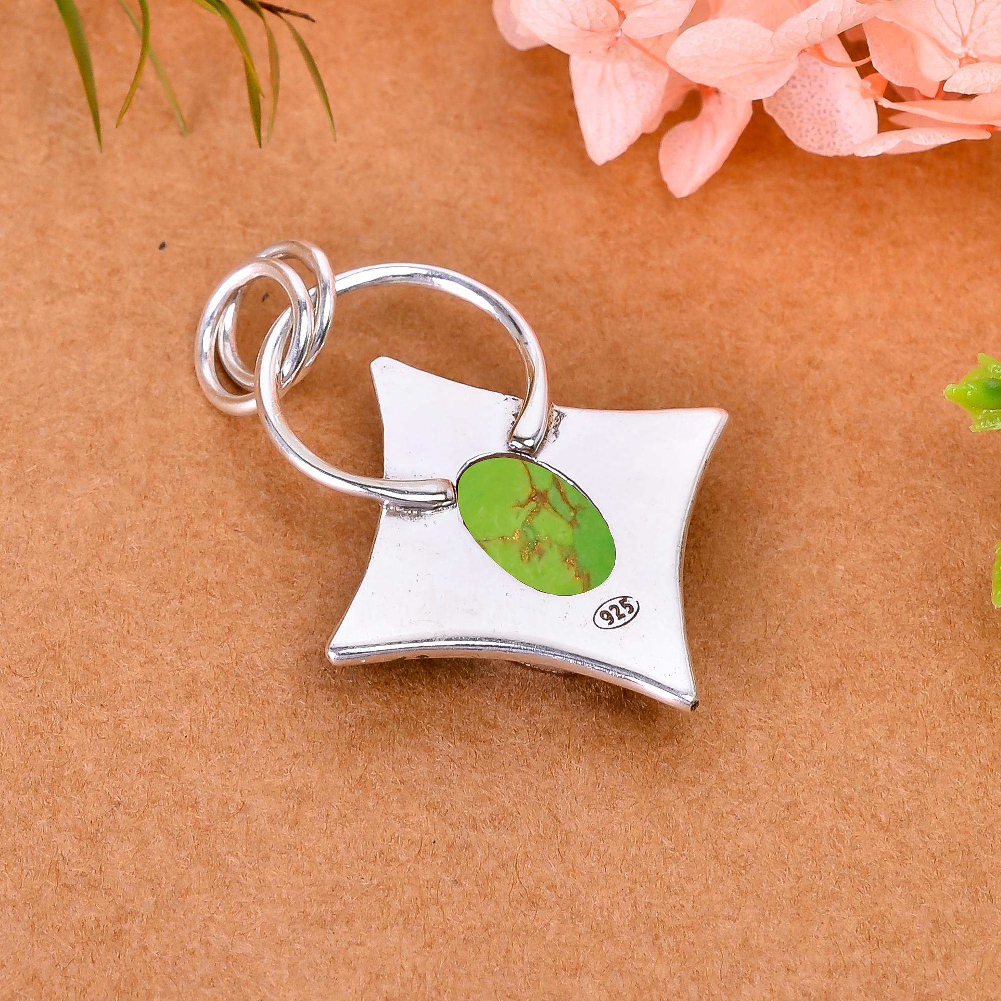 Copper Green Turquoise - Simulated 925 Solid Sterling Silver Pendant