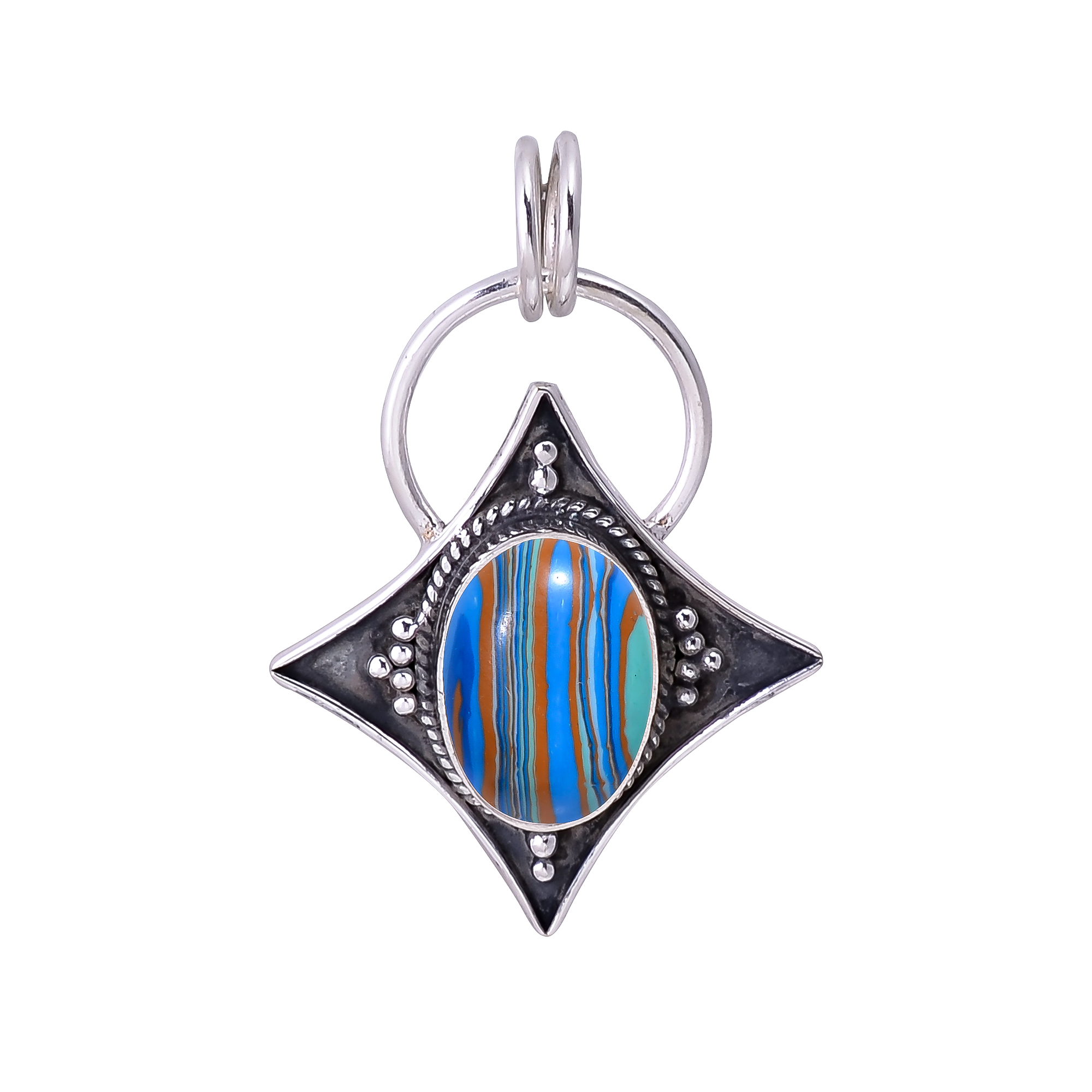 Blue Rainbow Calsilica - Simulated 925 Solid Sterling Silver Pendant