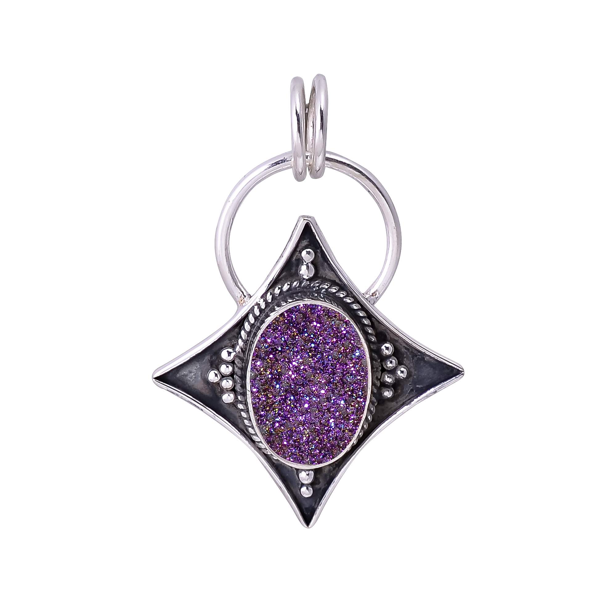 Purple Titanium Agate Drusy 925 Solid Sterling Silver Pendant