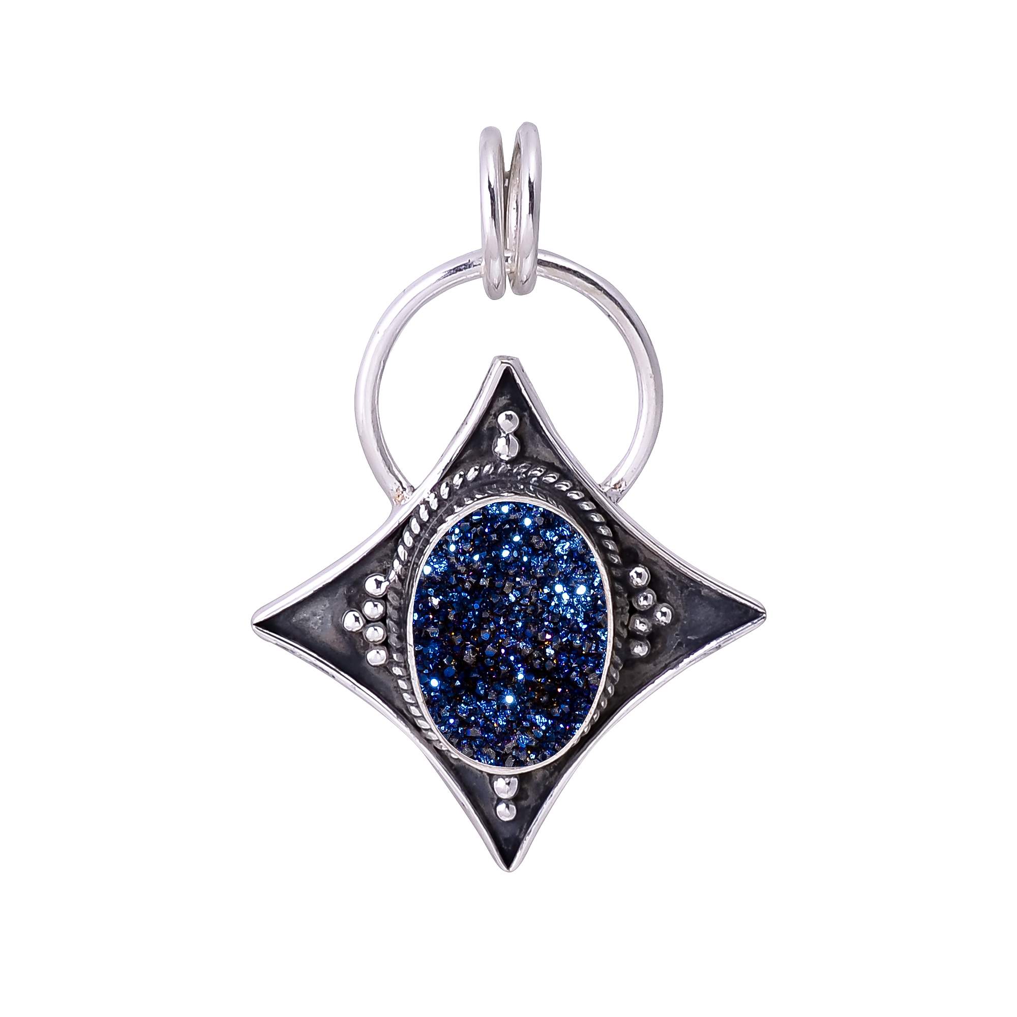 Electric Blue Titanium Agate Drusy 925 Solid Sterling Silver Pendant