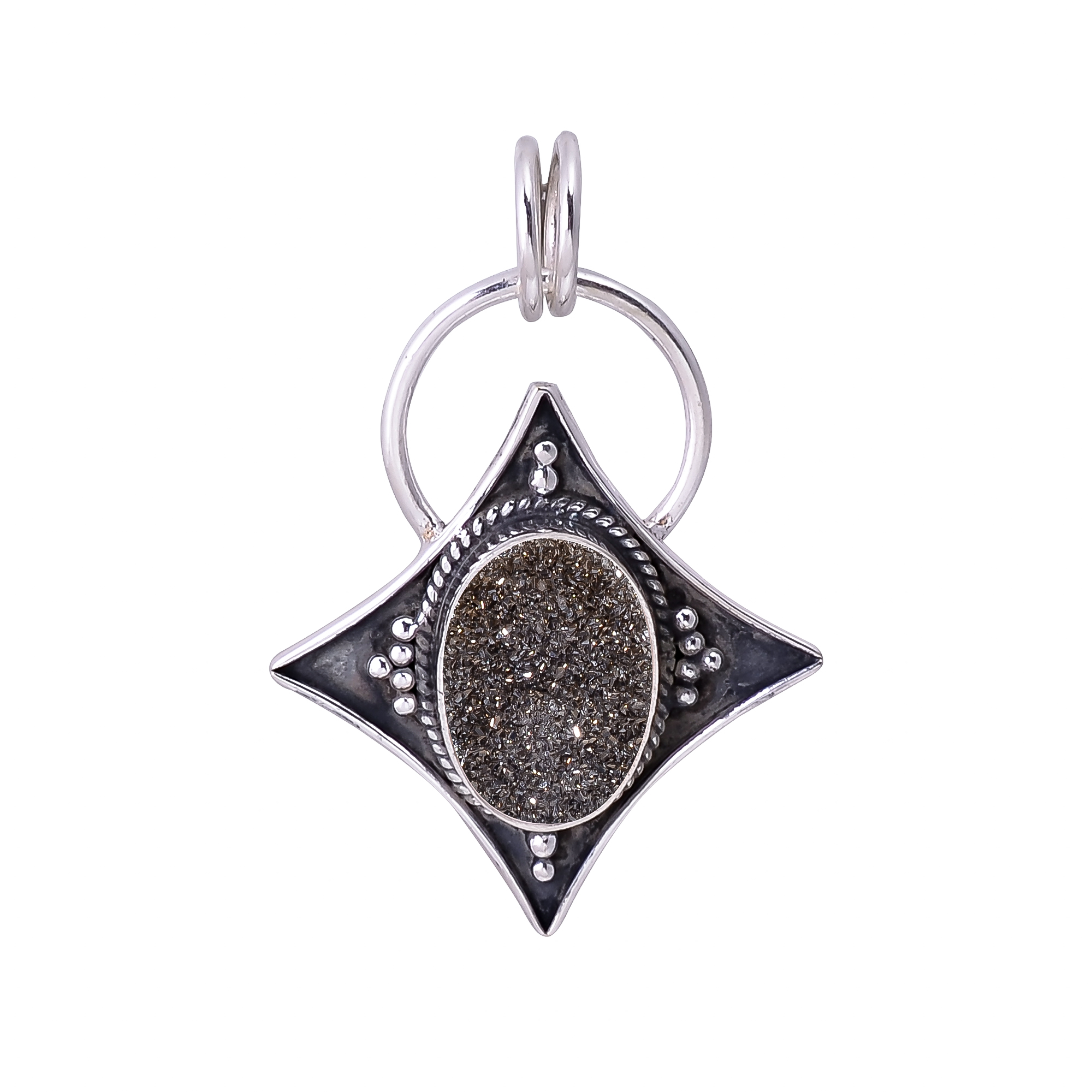Black Titanium Agate Drusy 925 Solid Sterling Silver Pendant