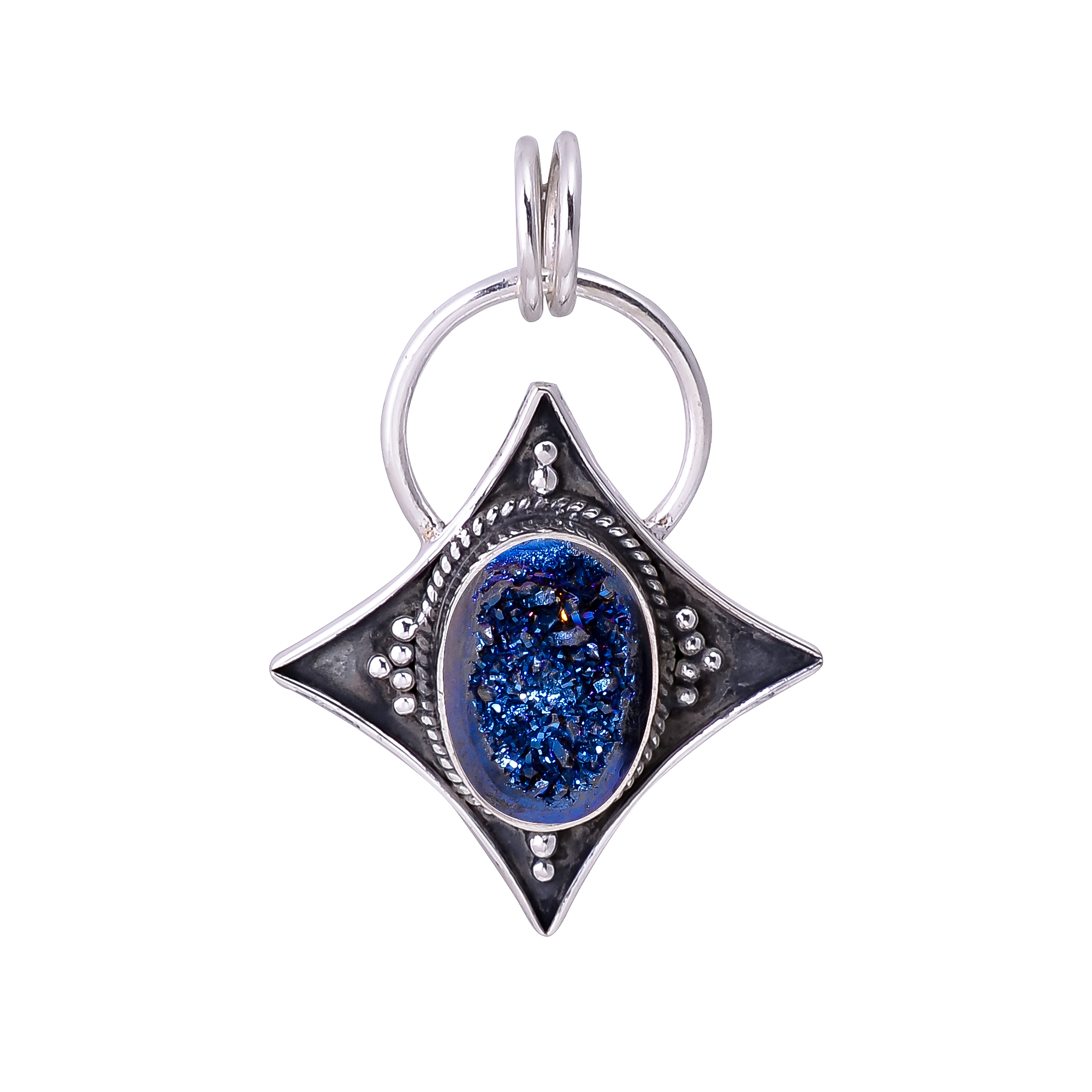 Electric Blue Titanium Agate Drusy 925 Solid Sterling Silver Pendant