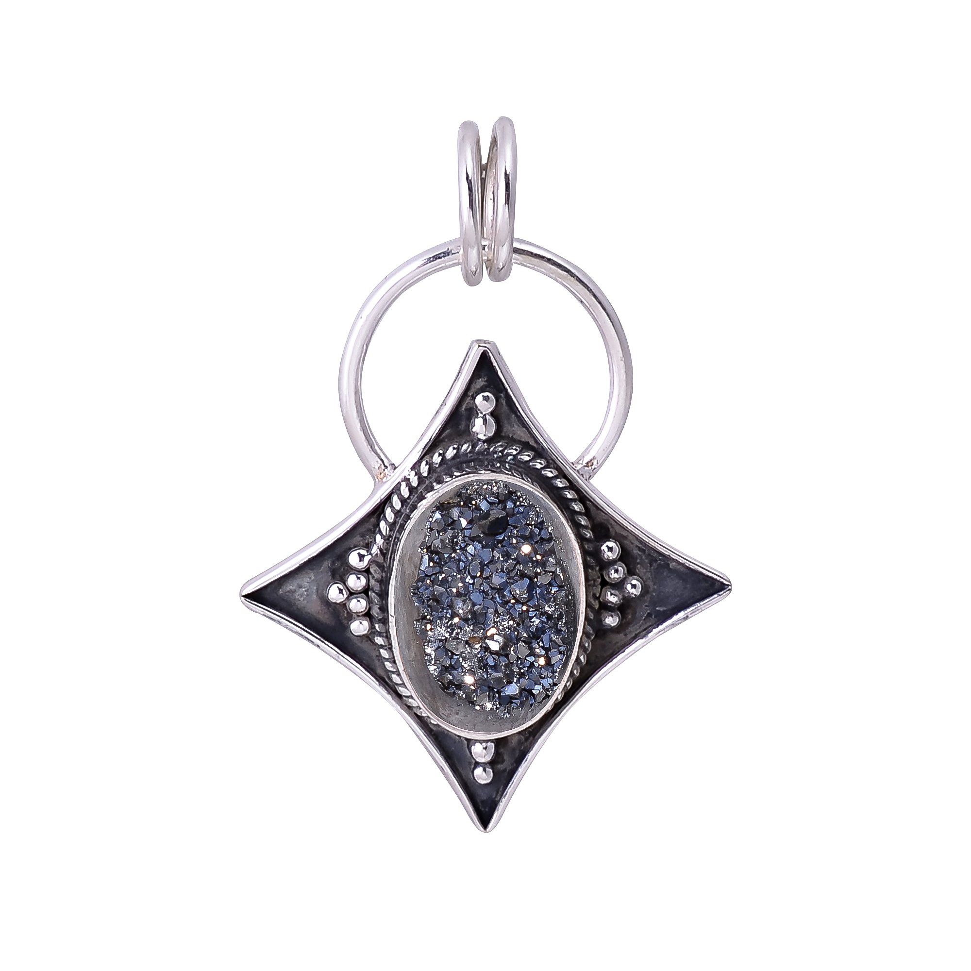 Black Titanium Agate Drusy 925 Solid Sterling Silver Pendant