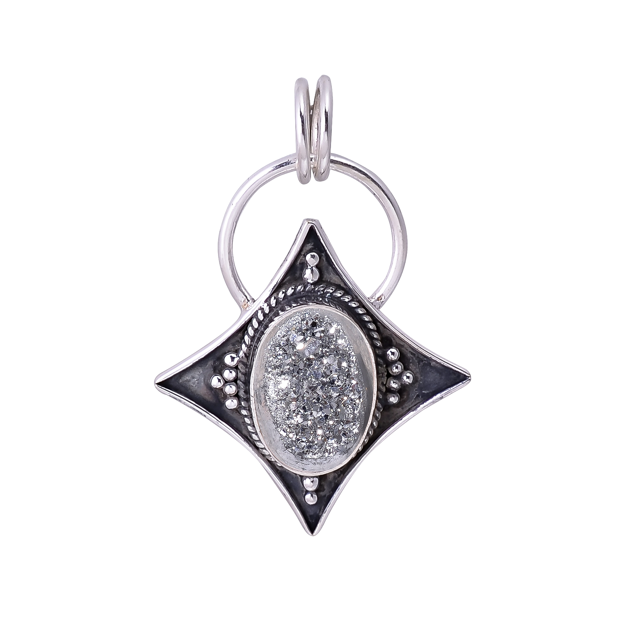 Silver Titanium Agate Drusy 925 Solid Sterling Silver Pendant