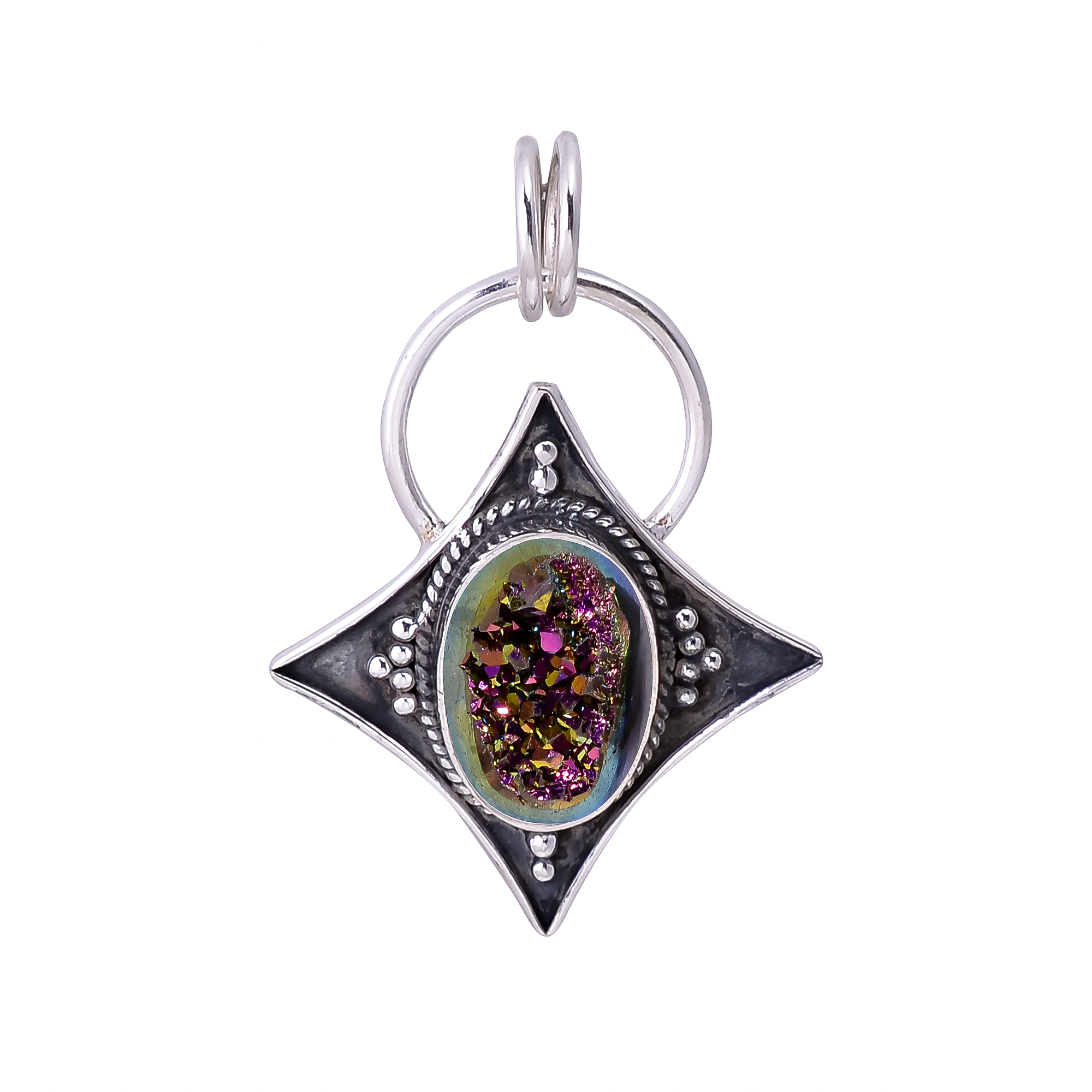 Peacock Titanium Agate Drusy 925 Solid Sterling Silver Pendant