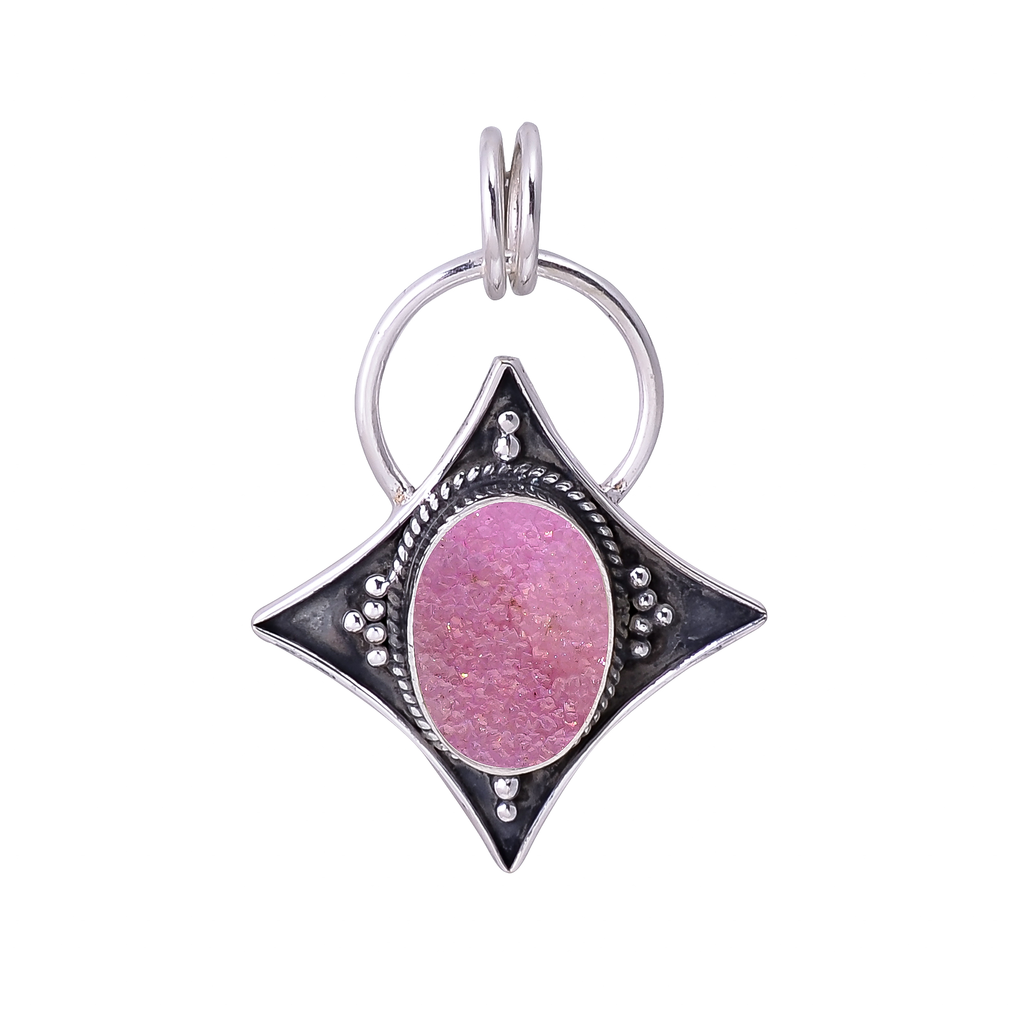 Pink Quartz Drusy - India 925 Solid Sterling Silver Pendant